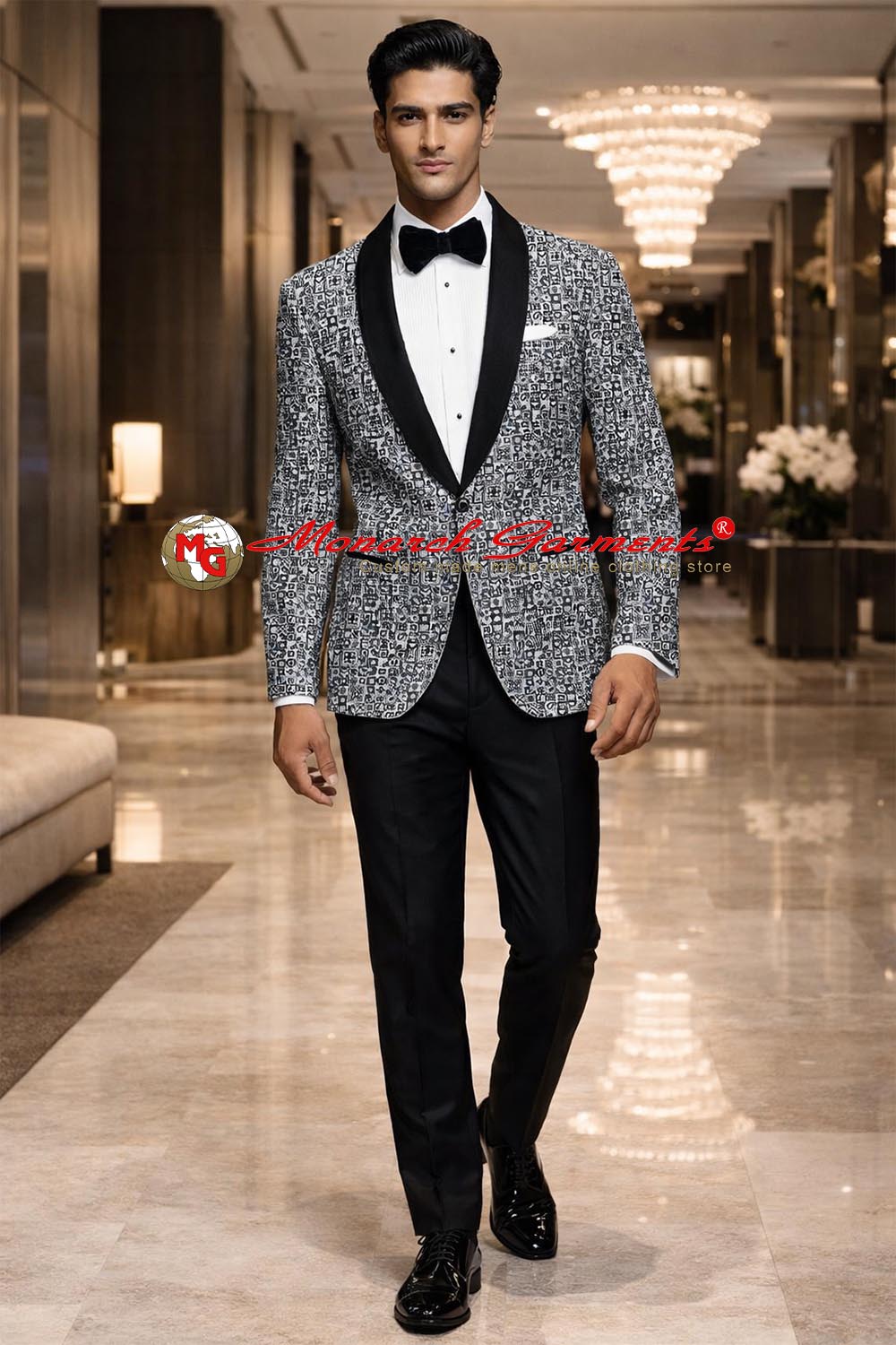 Men’s gray blue designer pattern slim fit blazer with satin shawl lapel formal party blazer