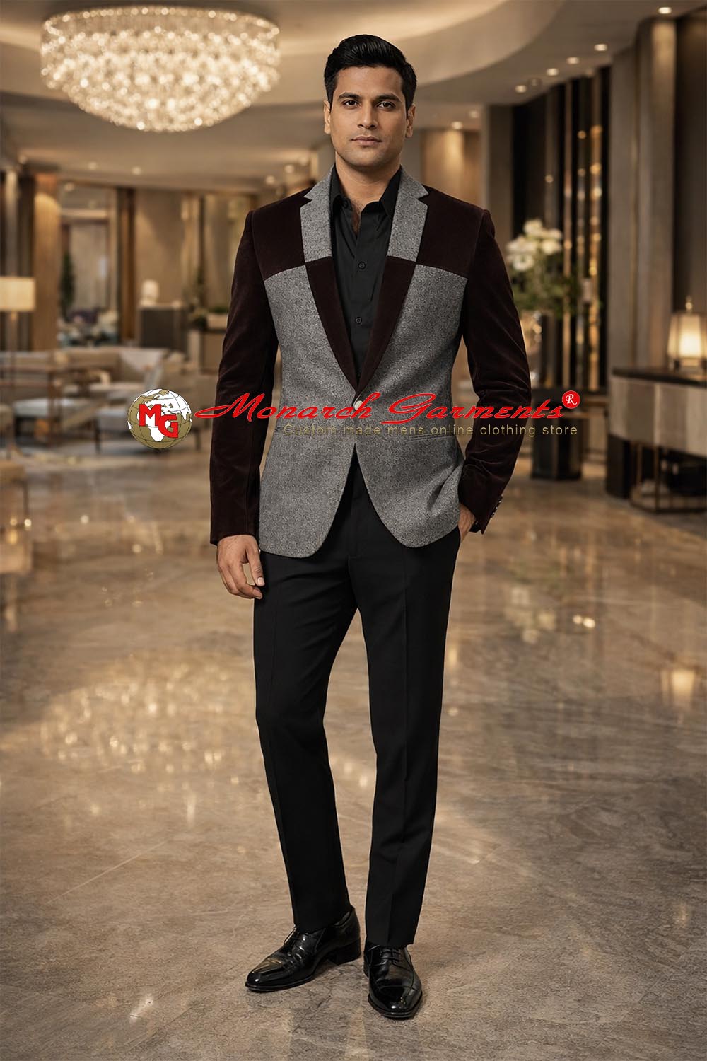 Men’s gray polyester wool slim fit blazer with brown velvet contrast and notched lapel designer party jacket