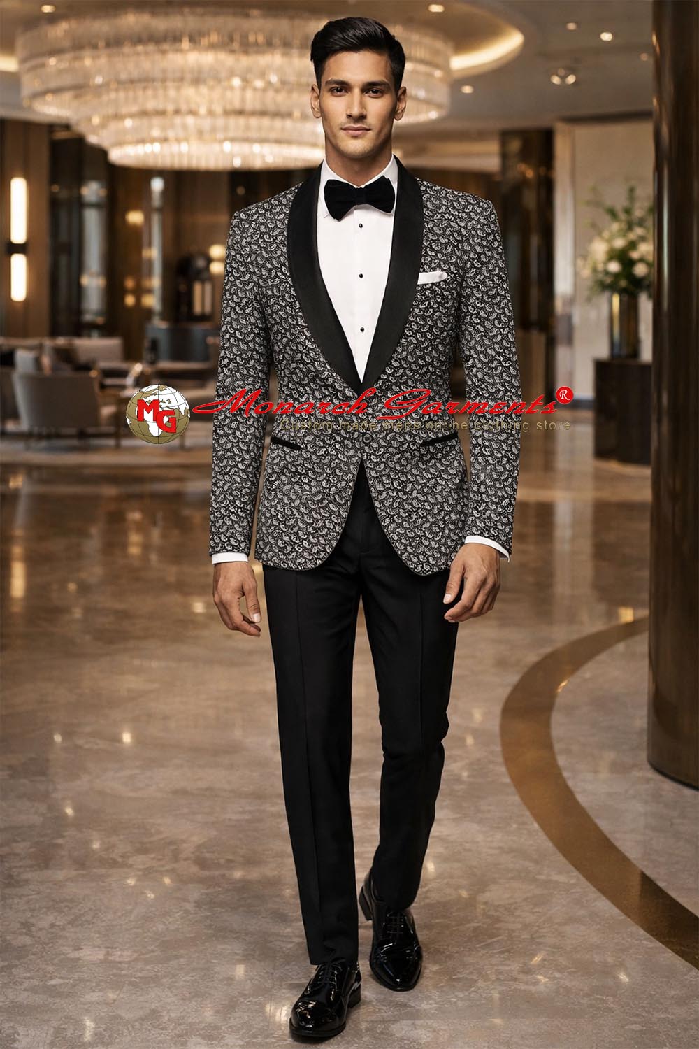 Men’s gray paisley print cotton slim fit blazer with satin shawl lapel designer wedding reception jacket