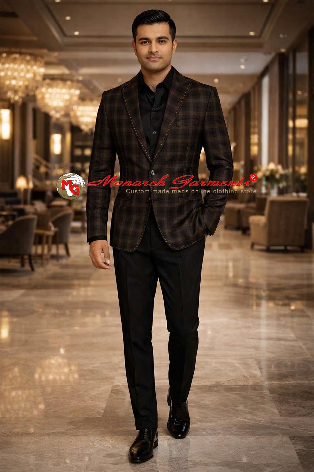 Men’s gray tartan checked slim fit blazer with shawl lapel and white thread detailing formal party jacket