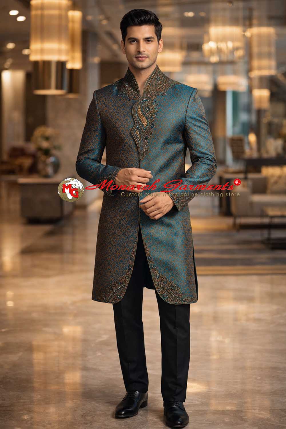 Green brocade Indo Western suit for men angarakha style wedding wear India