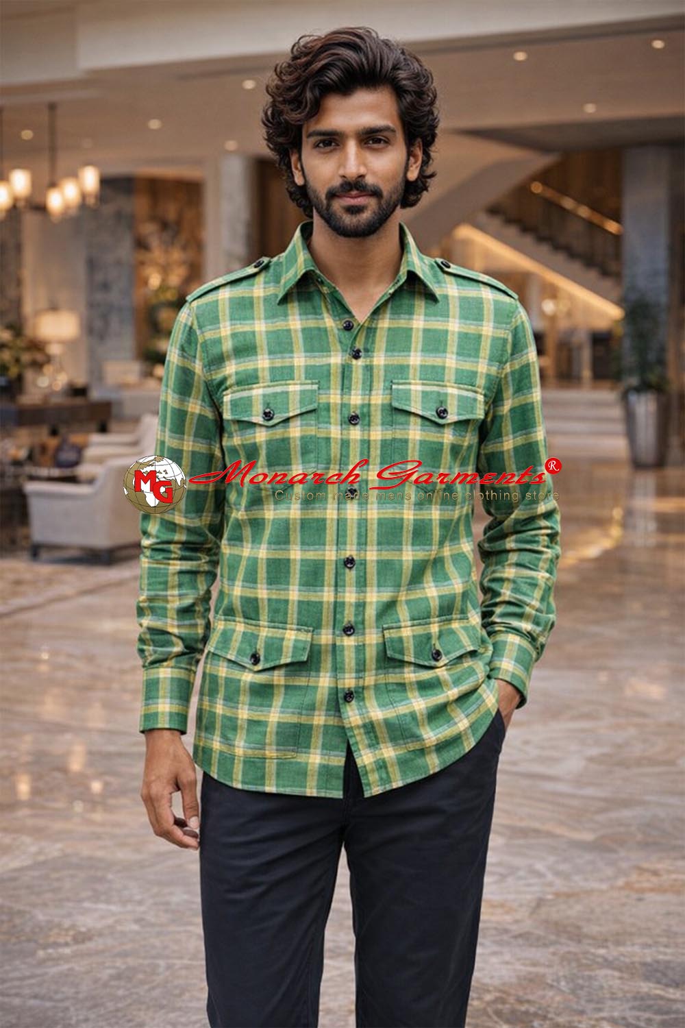 Green checked safari shirt for men relaxed fit utility style with pockets