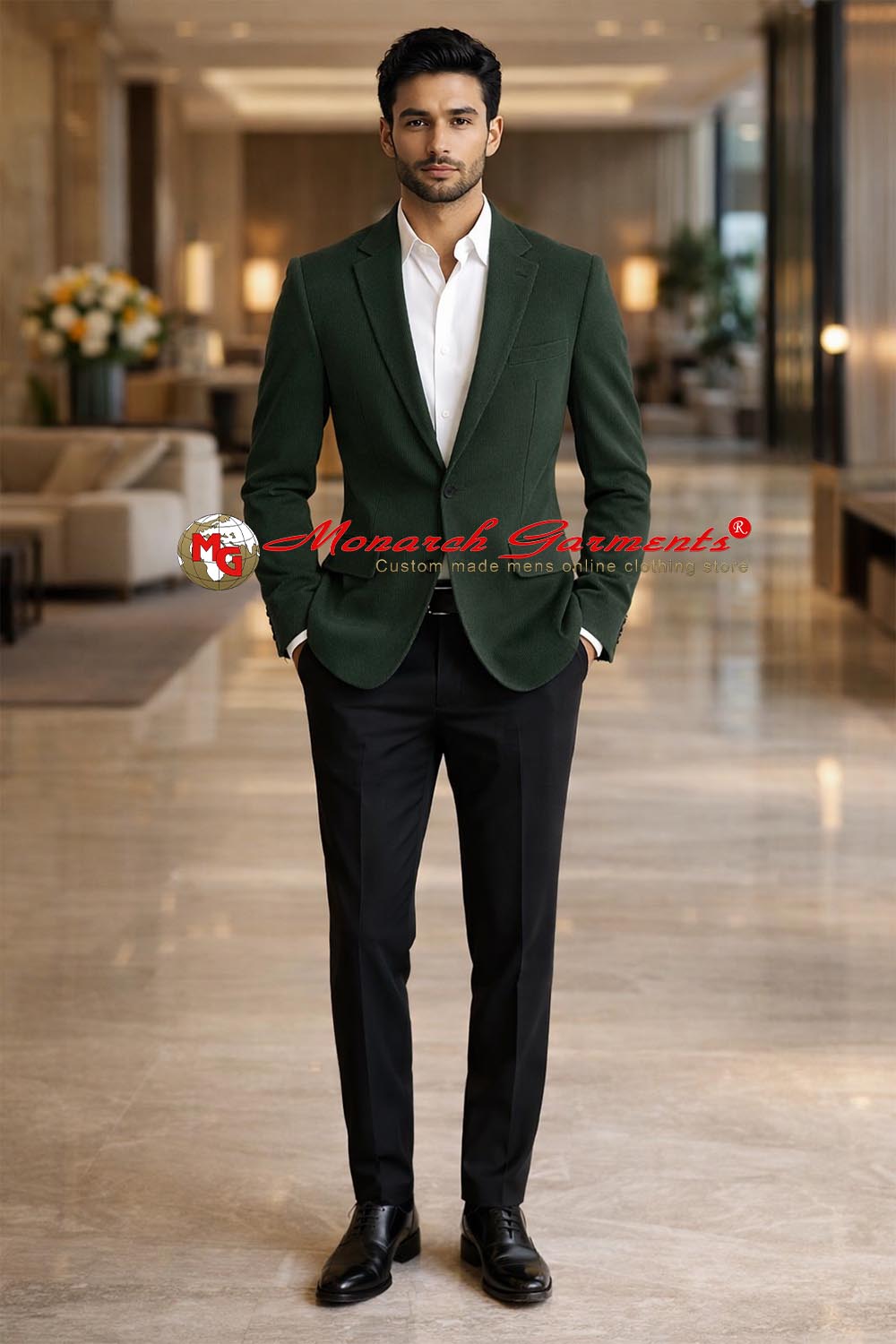 Men wearing green corduroy blazer with notch lapel for casual and semi formal occasions India