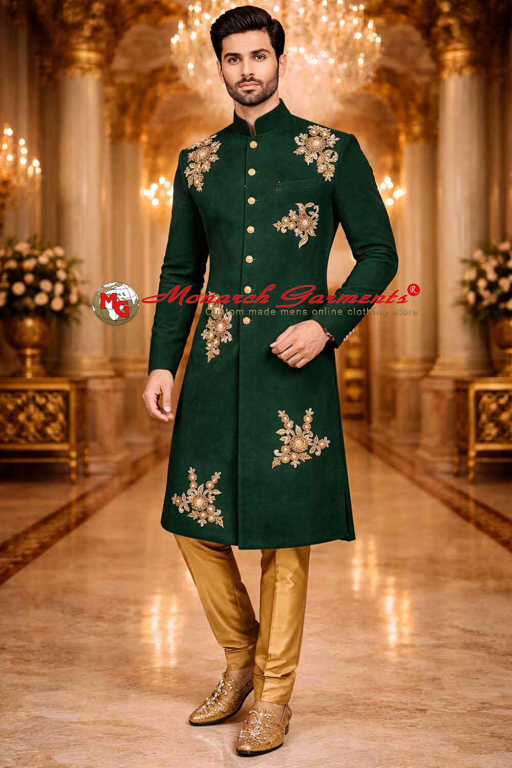 green designer embroidered groom sherwani with golden churidar for indian wedding by monarch garments