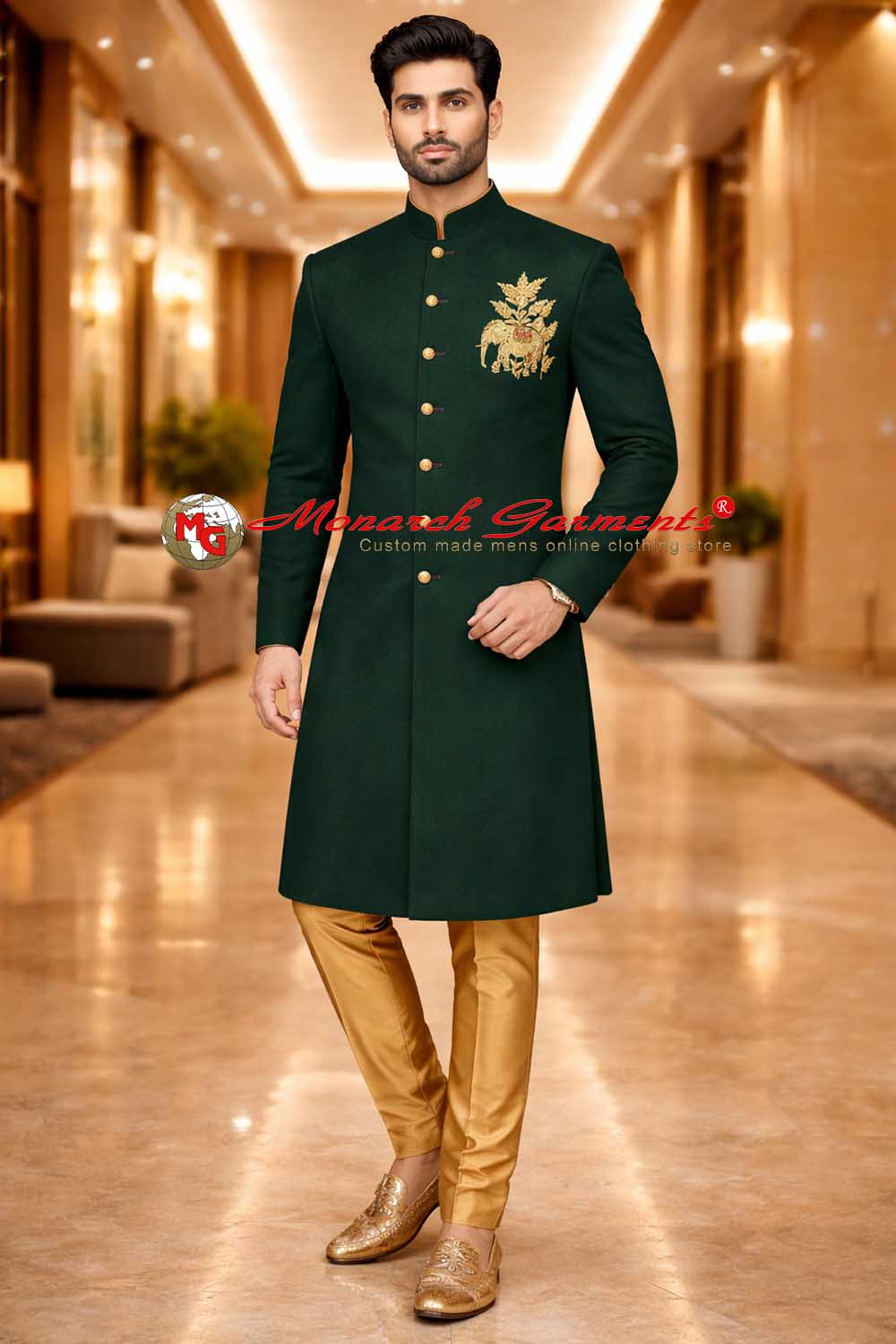 green velvet sherwani with golden elephant embroidery and churidar for indian groom by monarch garments