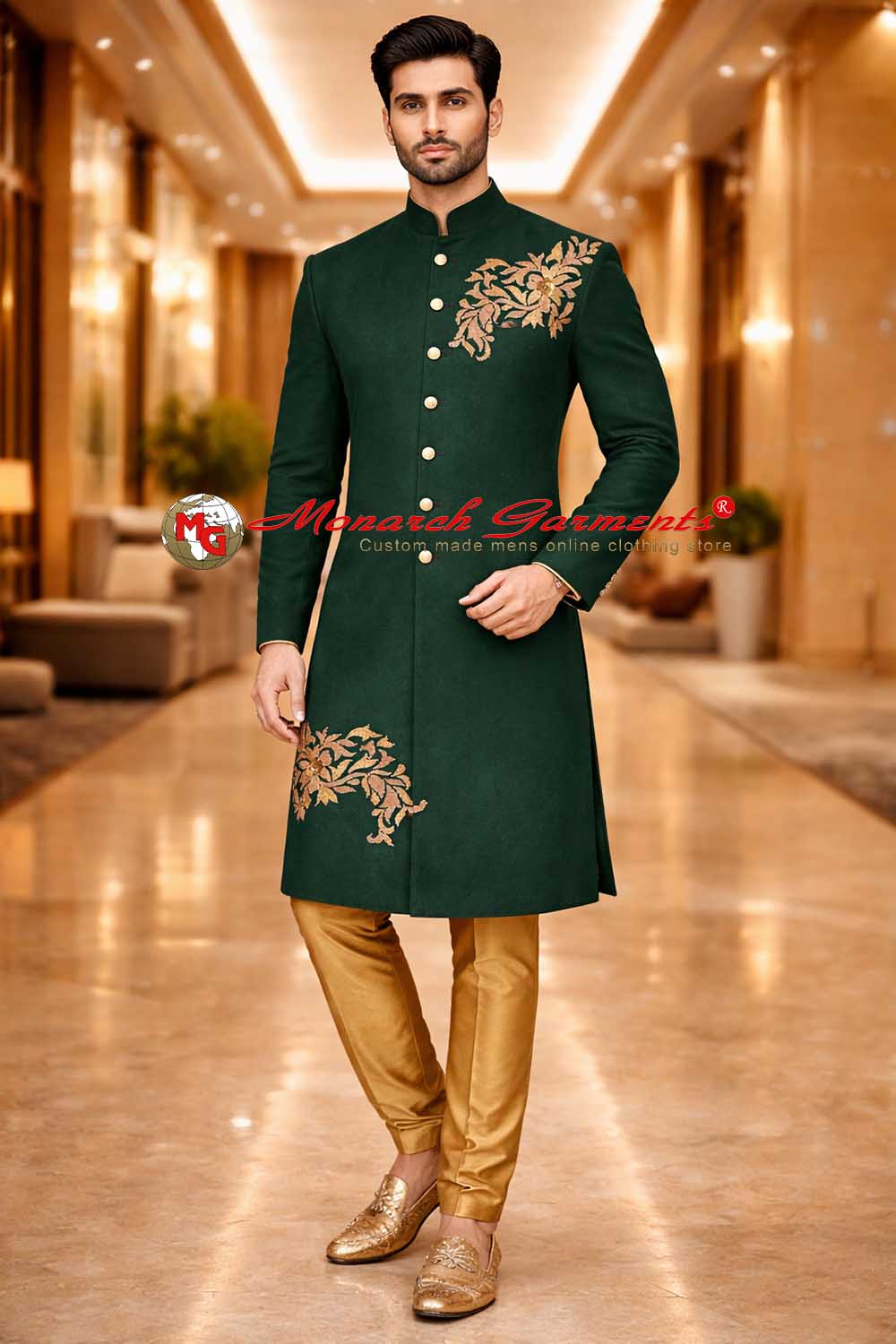 green velvet floral embroidered groom sherwani with golden churidar for indian wedding by monarch garments