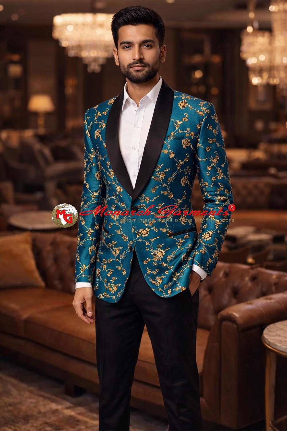Men's green floral jacquard blazer with black satin shawl collar by Monarch Garments