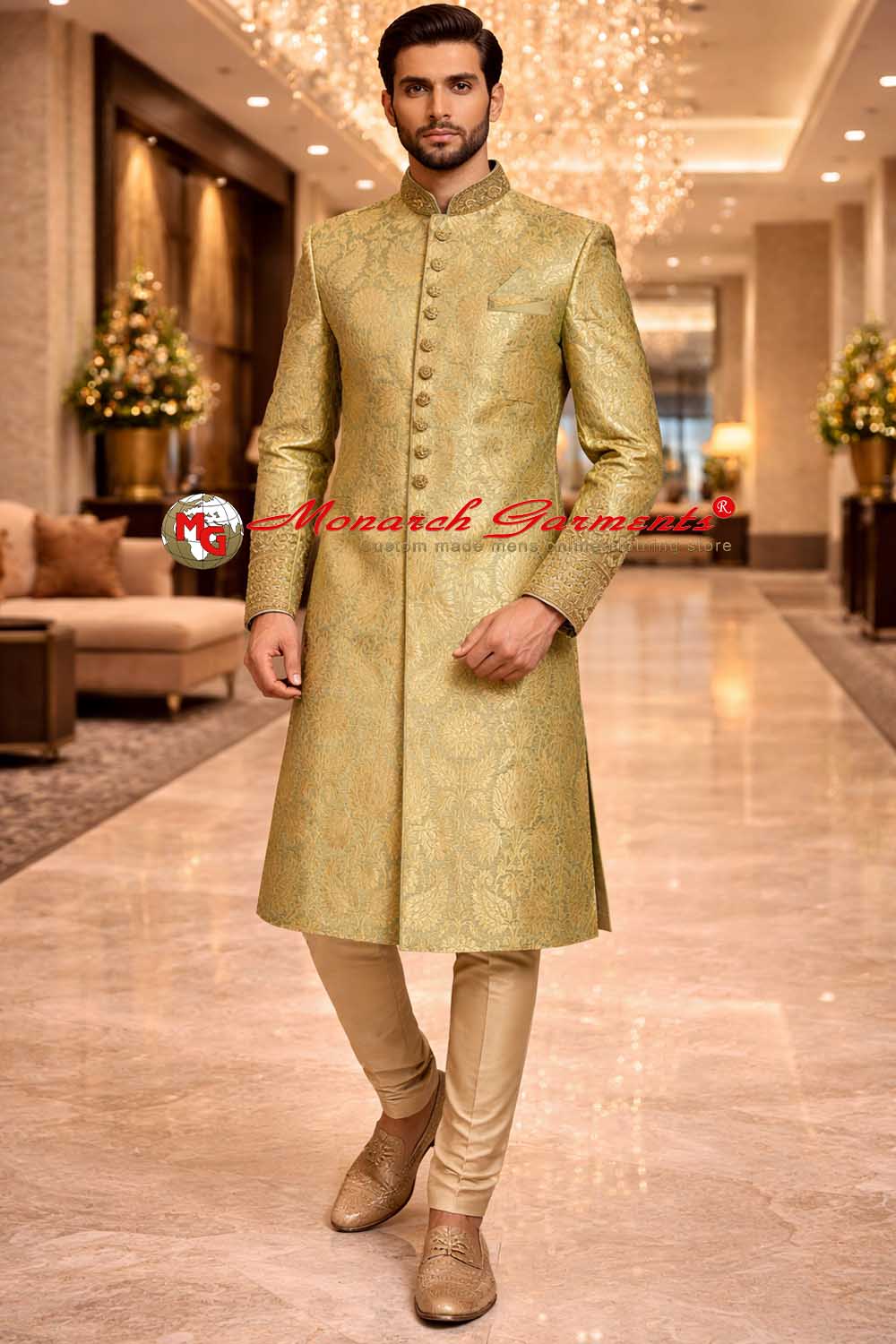 Green gold brocade embroidered wedding sherwani for men with dupion churidar by Monarch Garments