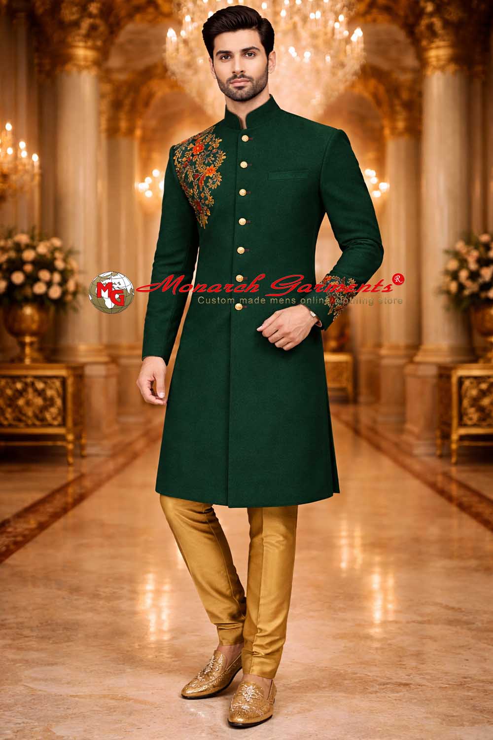 green rose embroidered groom sherwani with golden churidar for indian wedding by monarch garments