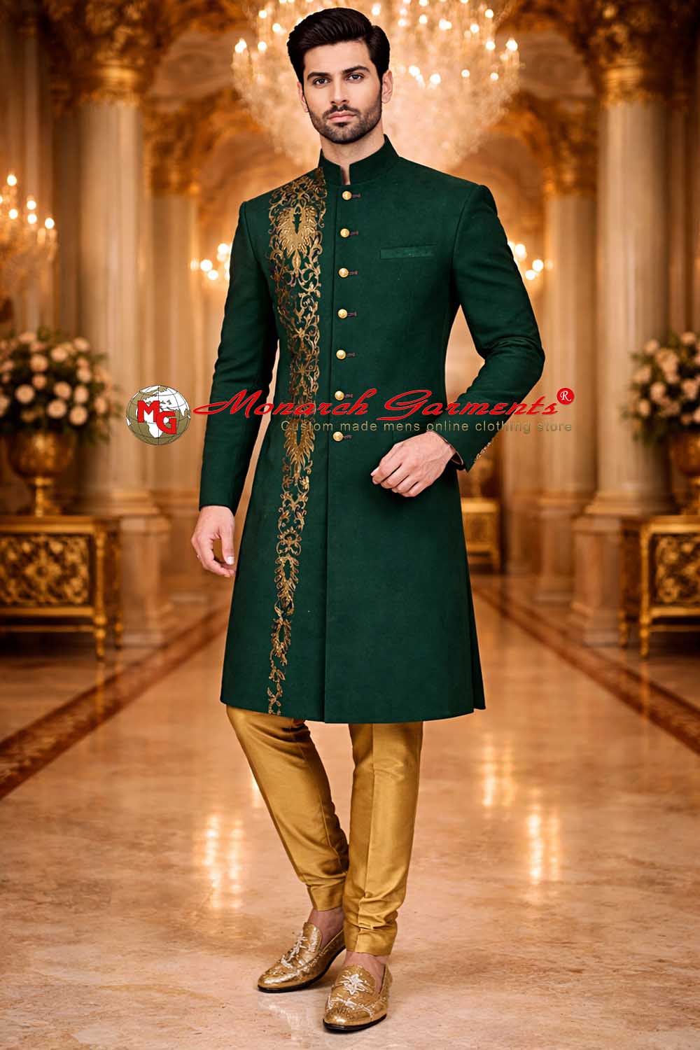 green velvet zari embroidered groom sherwani with golden churidar for indian wedding by monarch garments