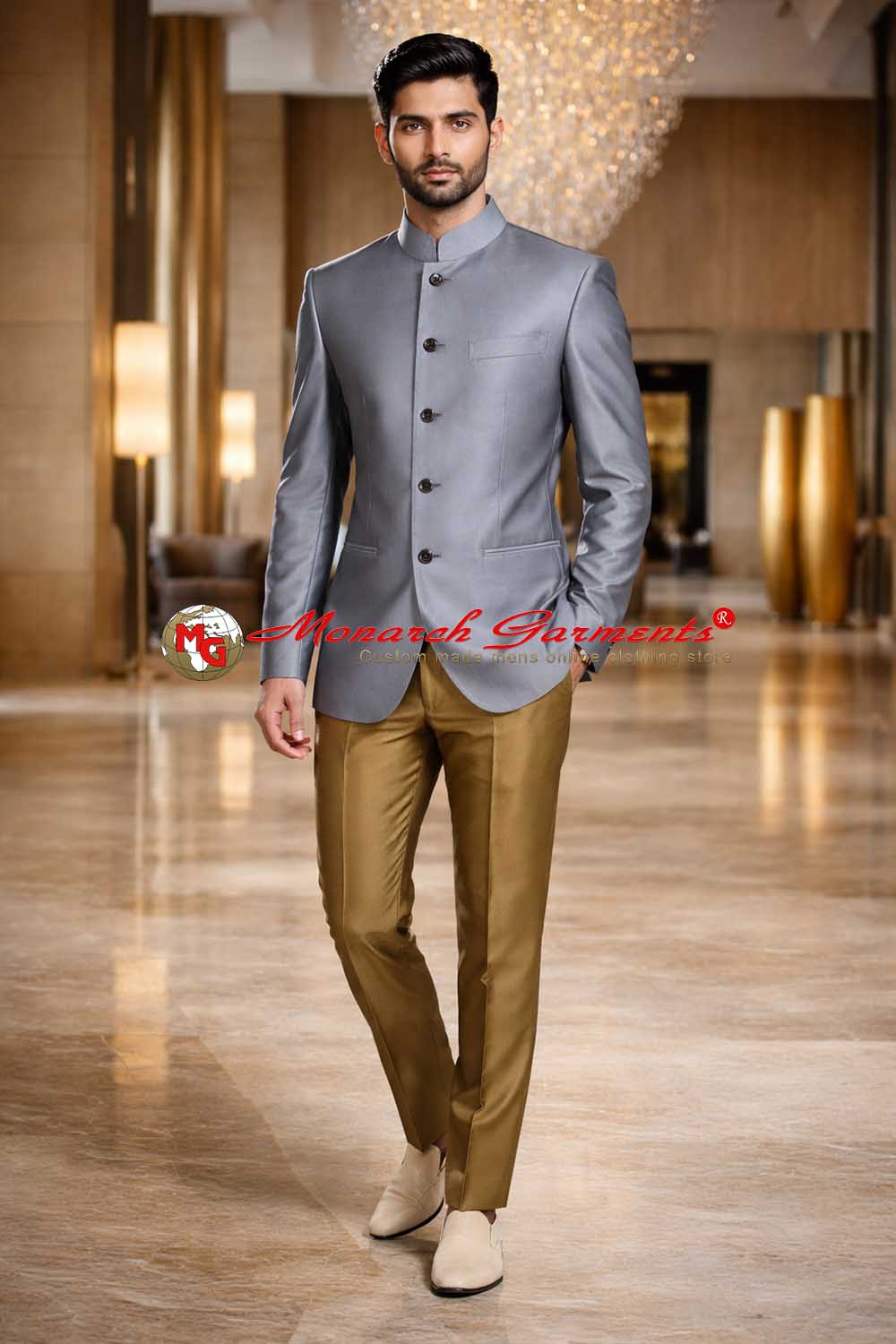 Grey 5 button Jodhpuri bandhgala suit for men with golden dupion trousers by Monarch Garments for Indian weddings and formal occasions