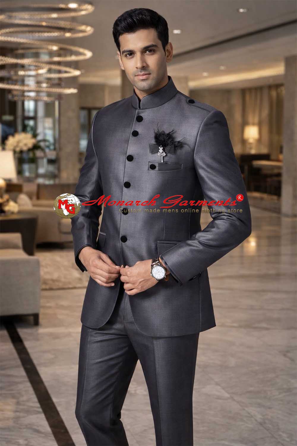Grey bandhgala tuxedo suit for men slim fit nehru collar reception outfit
