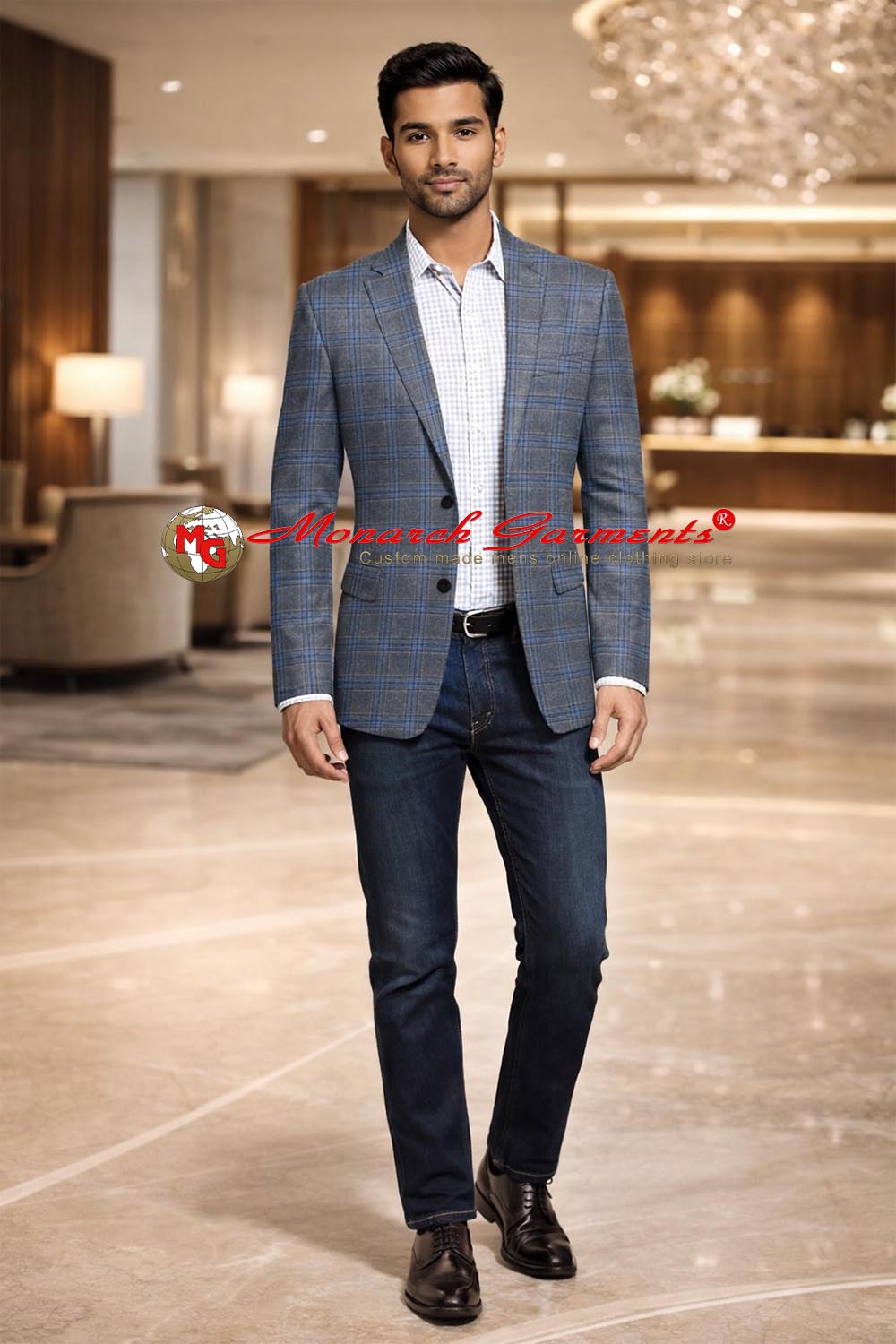 Men wearing grey blue plaid blazer with jeans for office and smart casual wear India