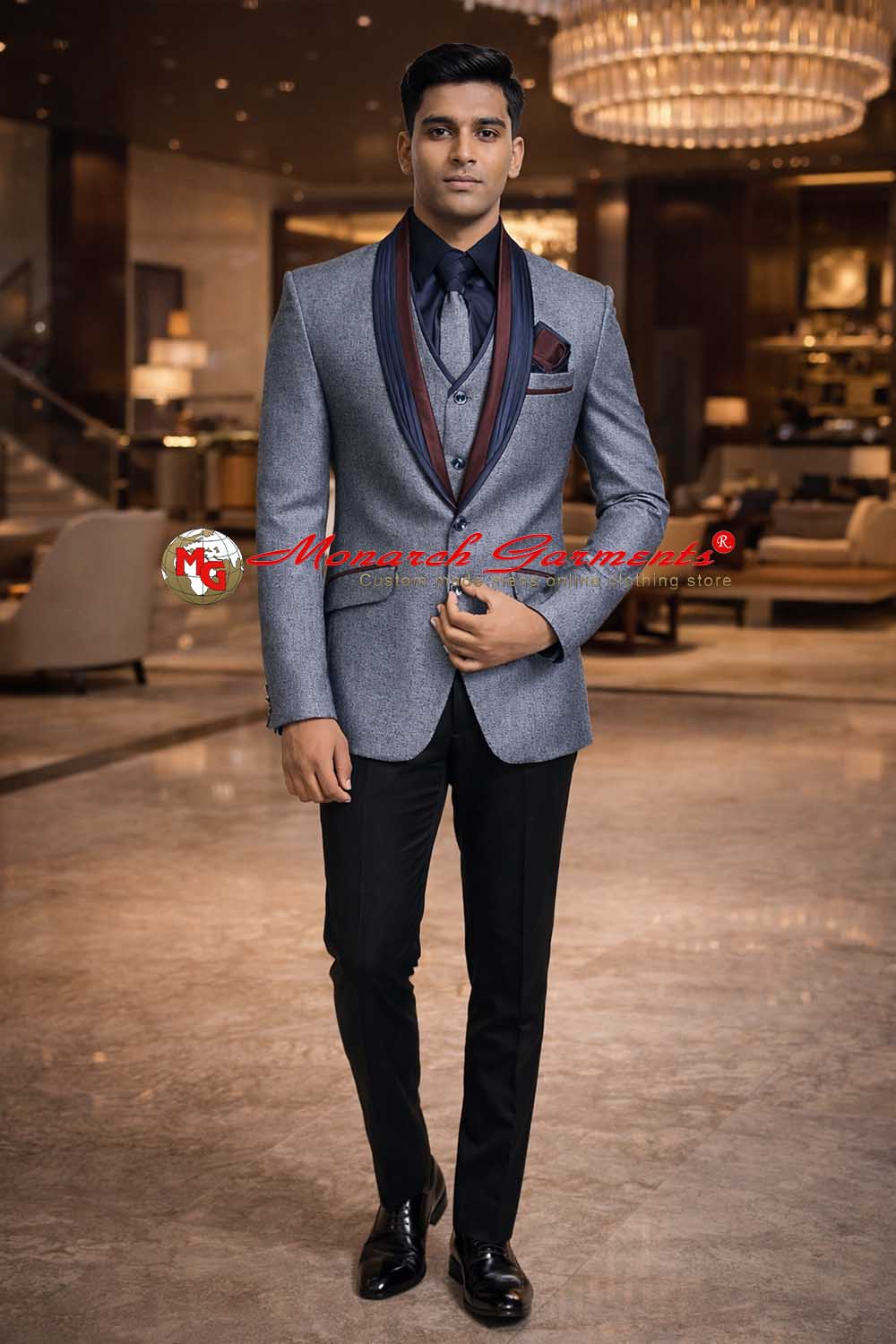 Grey shawl lapel tuxedo suit with burgundy trim for men slim fit formal outfit