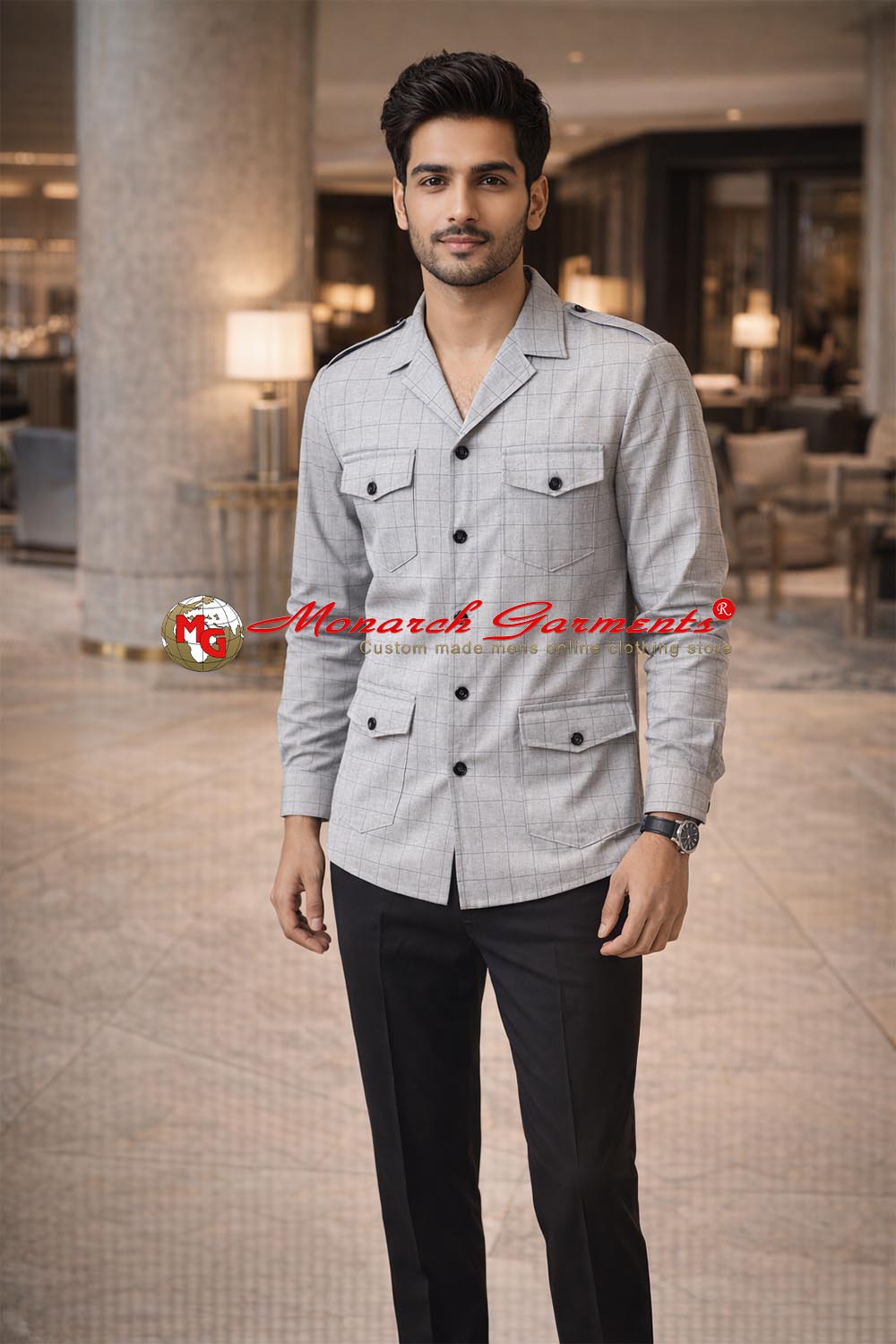 Grey checks safari shirt for men slim fit multi pocket utility style India