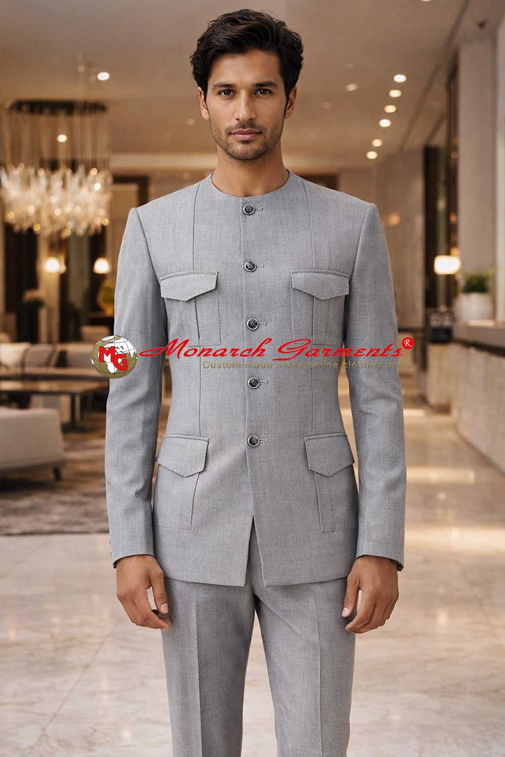 Grey collarless Jodhpuri suit for men slim fit bandhgala wedding wear India