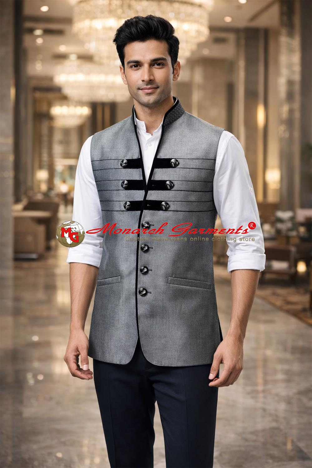 Grey high neck Nehru vest for men in tailored fit wedding wear India