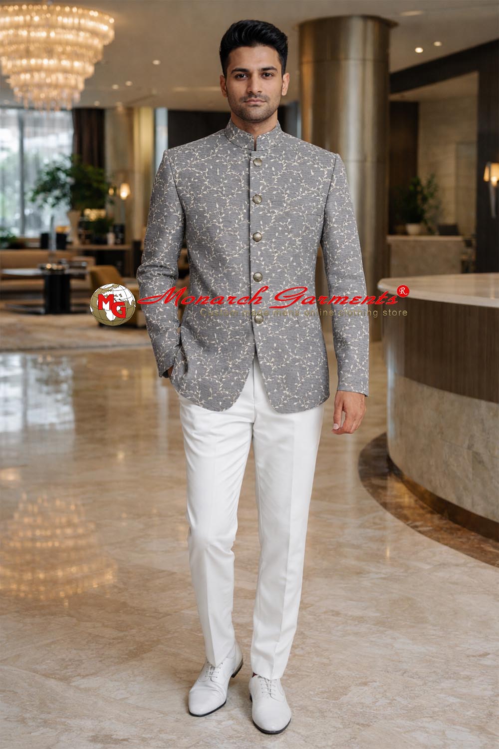 Grey jacquard embroidered Jodhpuri suit for men with white trousers slim fit
