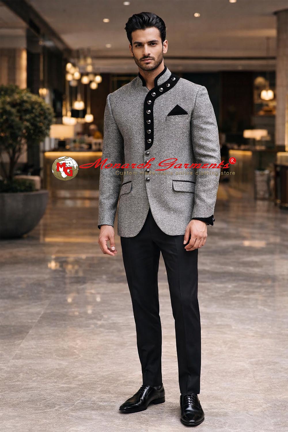 Grey Jodhpuri suit for men with designer button panel and black trouser