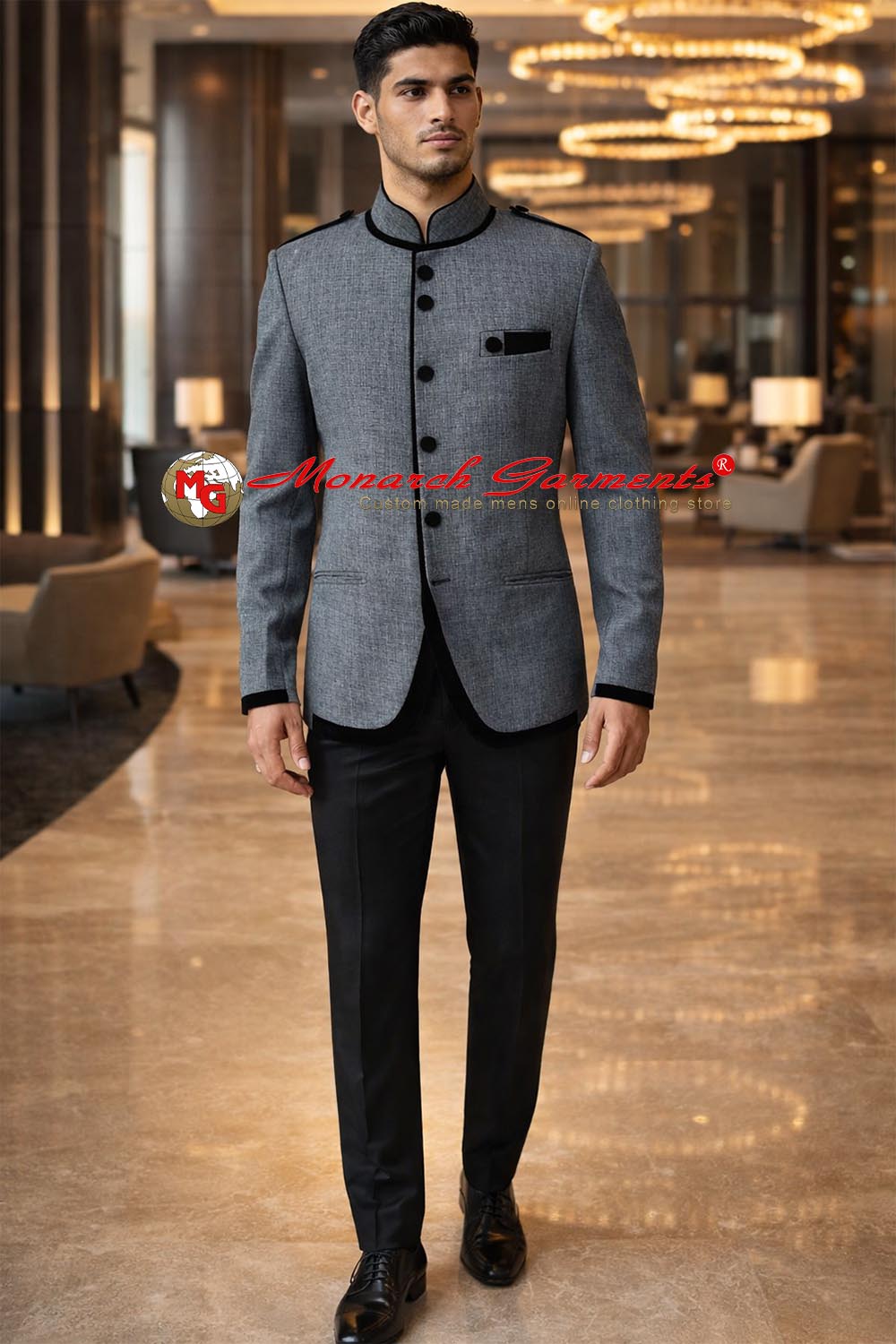 Grey Jodhpuri suit for men with black velvet piping 6 button bandhgala by Monarch Garments India