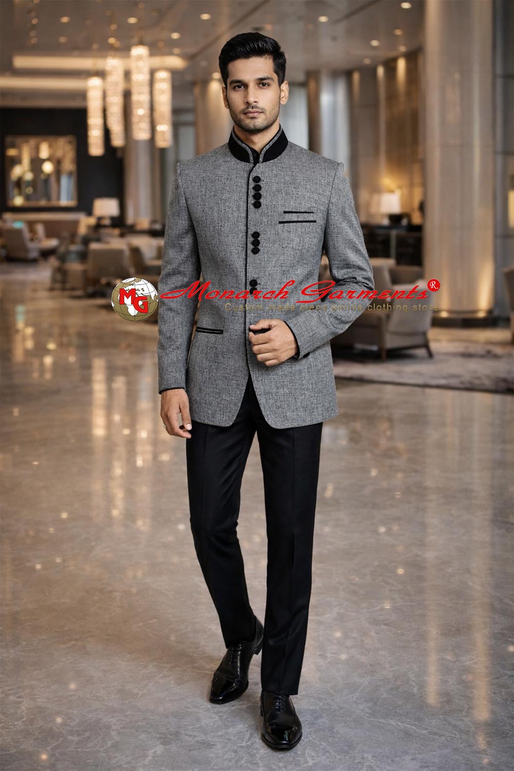 Grey jute Jodhpuri suit for men with black velvet piping bandhgala by Monarch Garments India