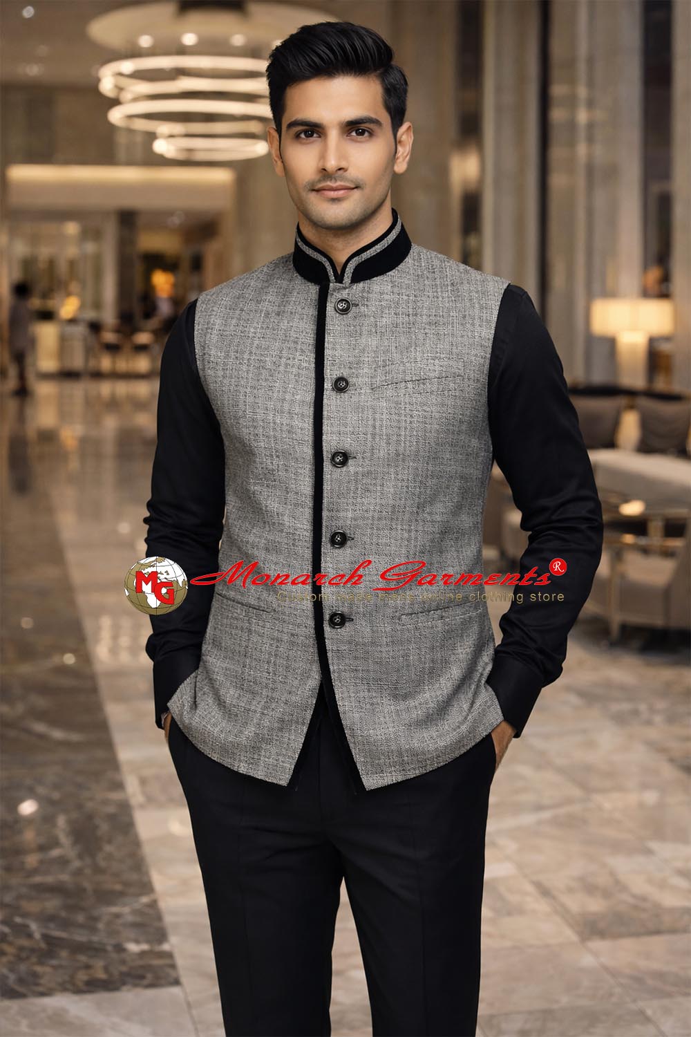 Grey jute Nehru vest for men with black velvet trim tailored fit wedding wear India