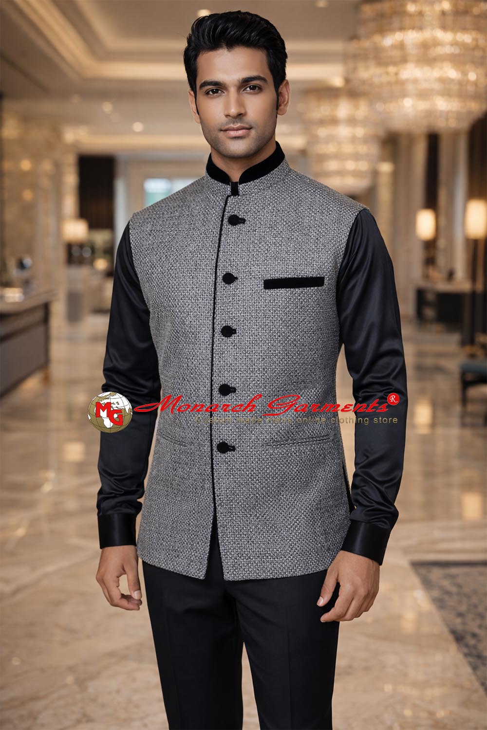 Grey jute Nehru vest for men tailored fit wedding wear India