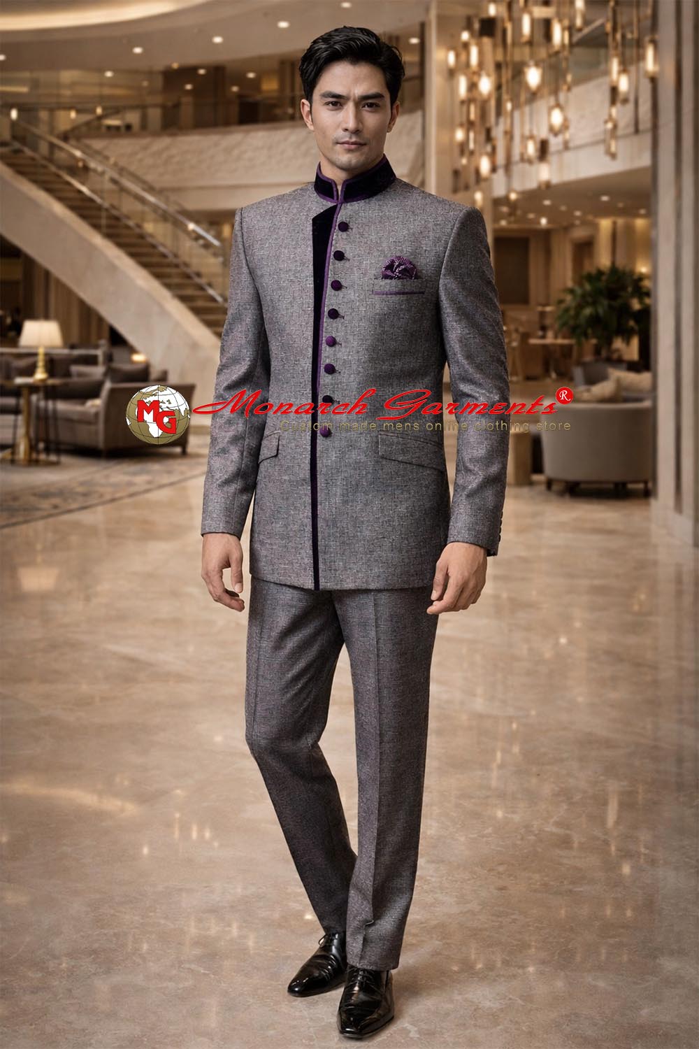 Grey linen 10 button Jodhpuri Bandhgala wedding suit for men with matching trousers and pocket square by Monarch Garments
