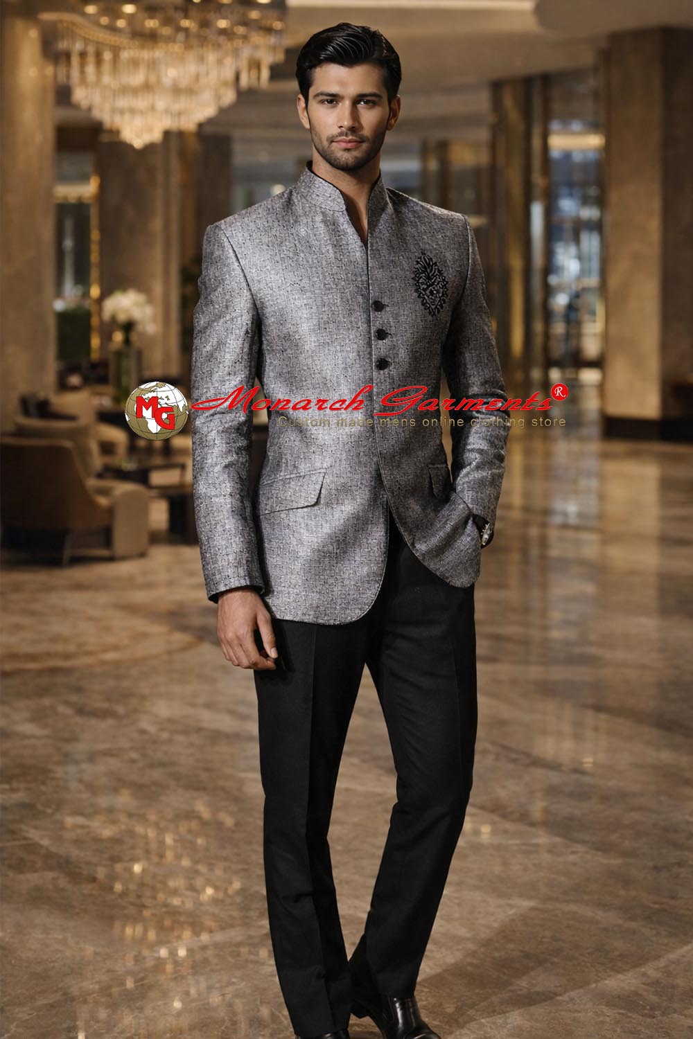 Grey linen Jodhpuri Bandhgala suit with black trousers for Indian wedding and reception by Monarch Garments