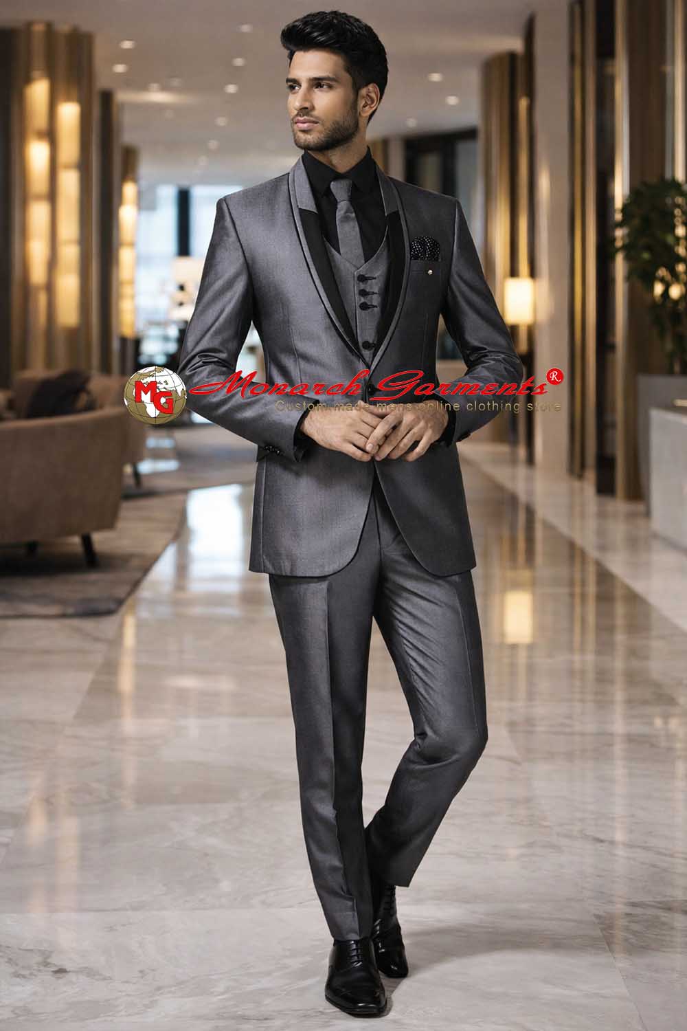 Men’s grey one button tuxedo suit slim fit with shawl lapel