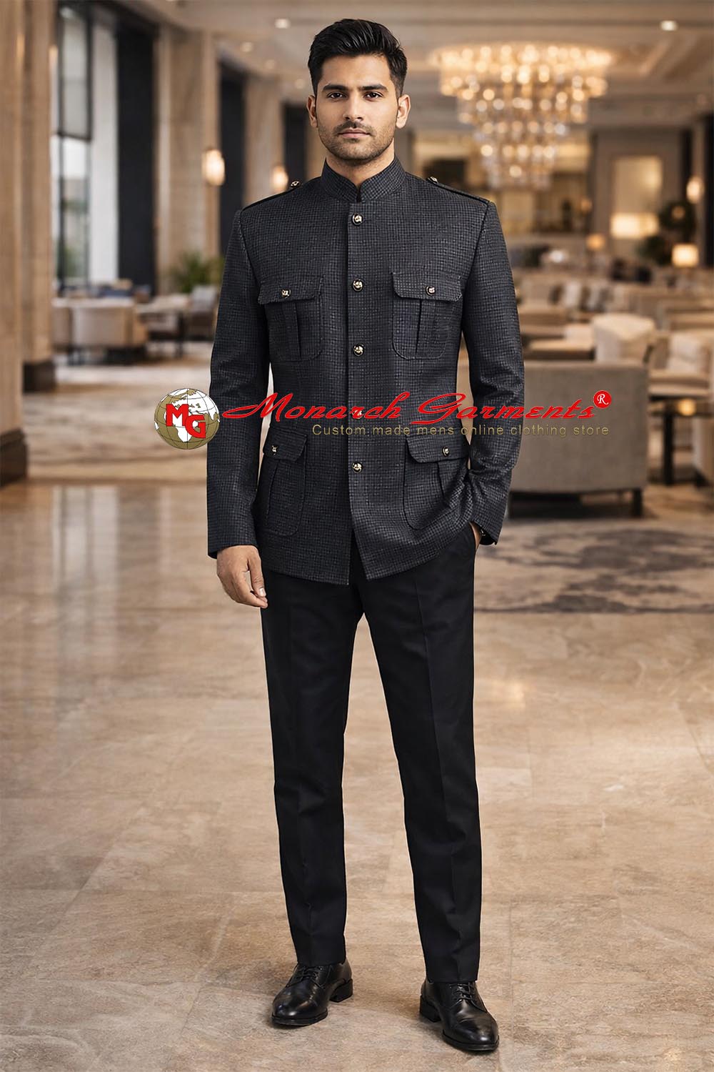 Grey safari Jodhpuri suit for men with 4 pocket bandhgala by Monarch Garments India