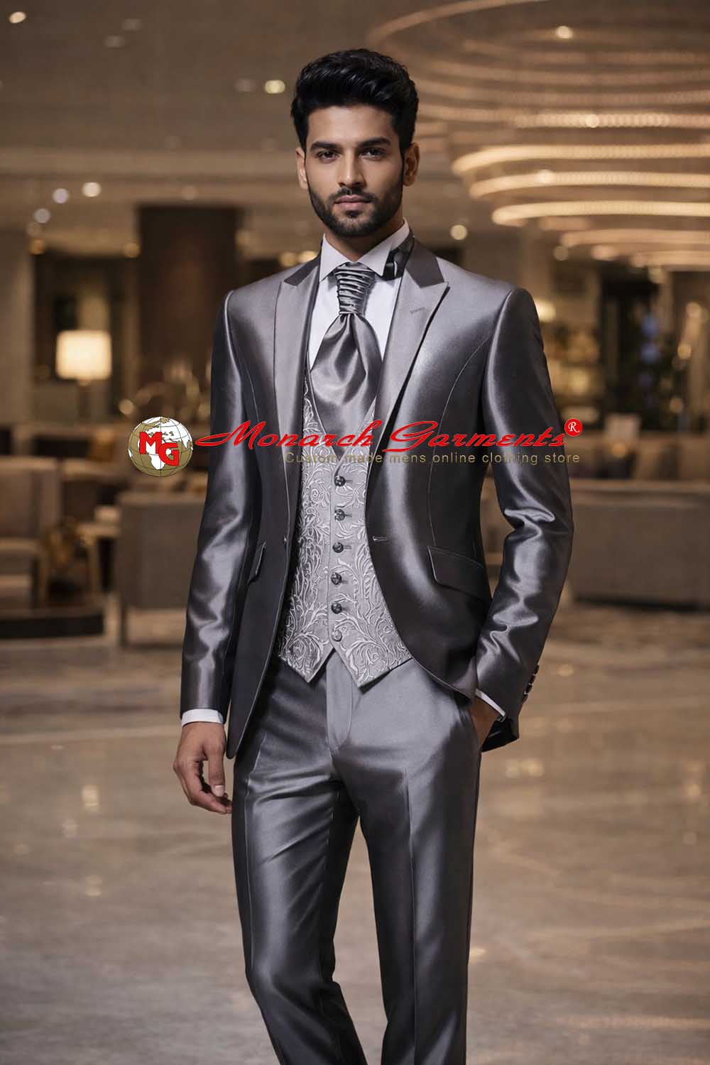 Grey sharkskin tuxedo suit for men with embroidered vest slim fit wedding wear India