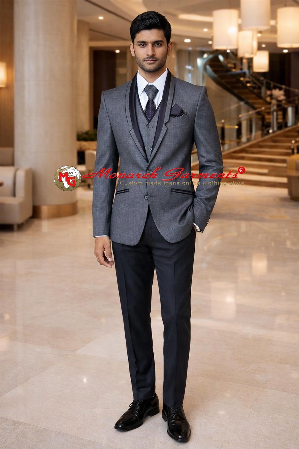 Grey tuxedo suit for men with black trousers slim fit formal wear India
