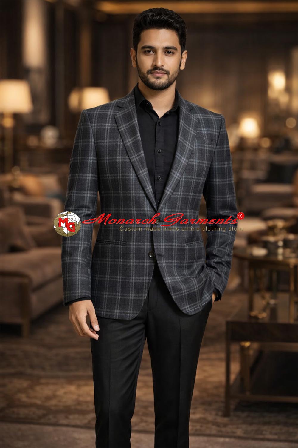 Men's grey tweed check two button notch lapel blazer by Monarch Garments