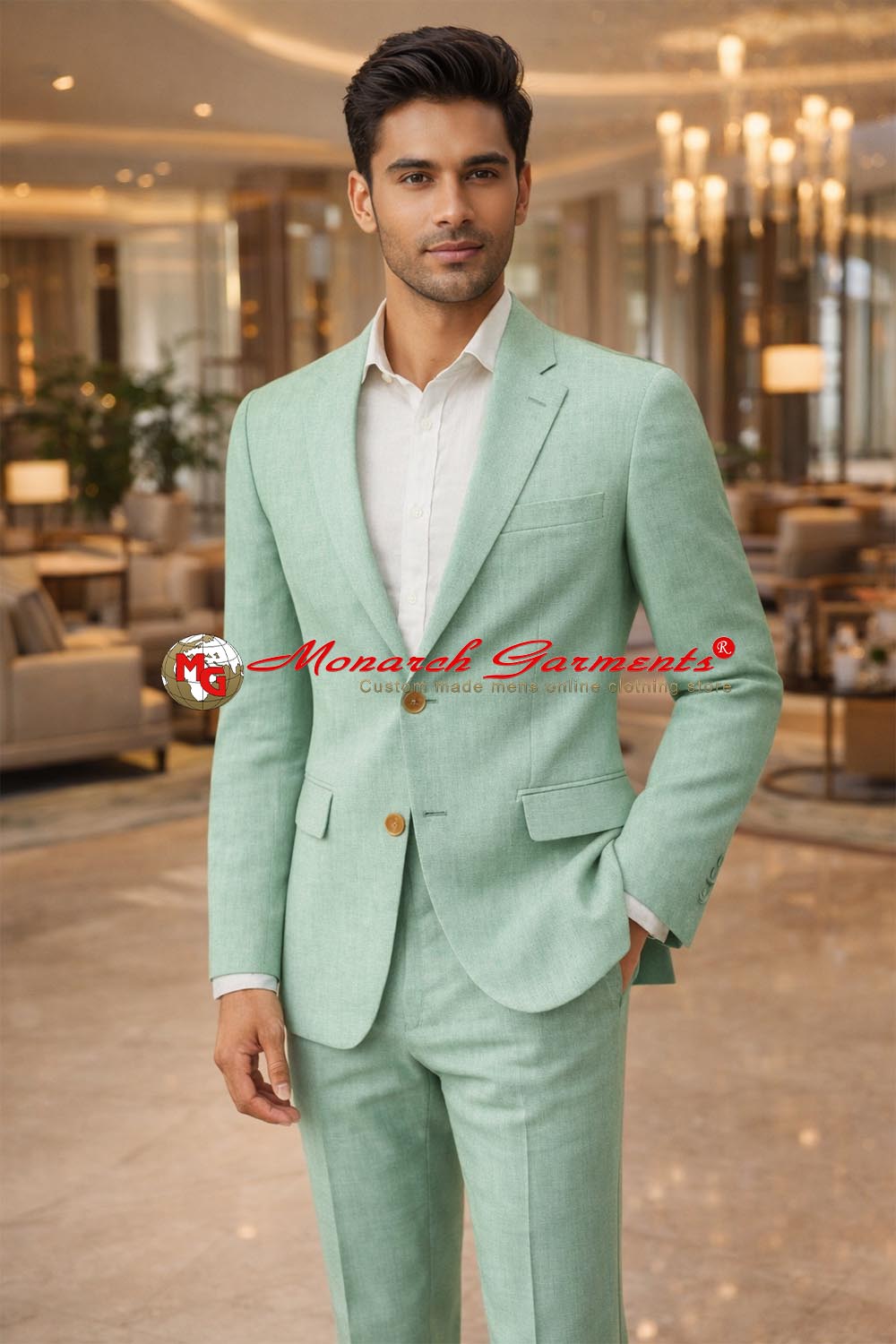 Greyish green linen suit for men slim fit summer wedding wear India