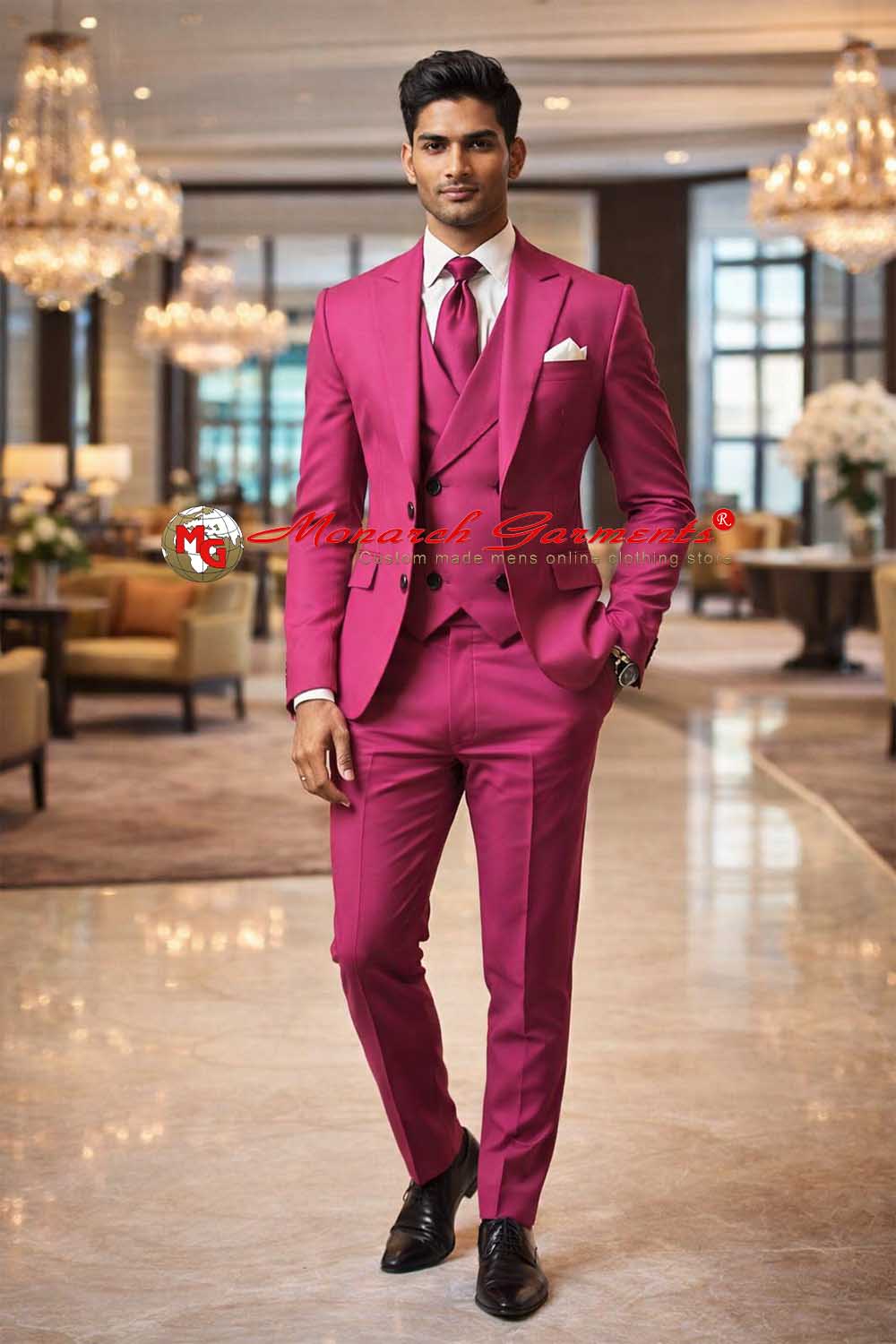 Hot pink 3 piece suit for men slim fit with blazer vest and trousers for wedding wear India
