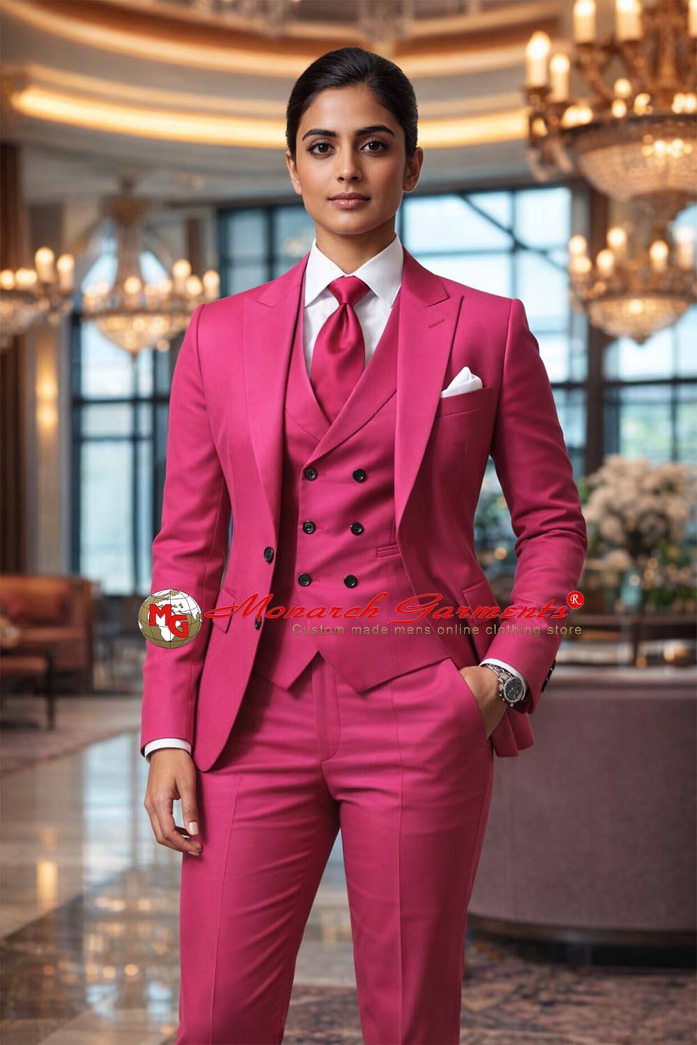 Hot pink 3 piece slim fit formal suit for women with double breasted waistcoat and tailored trousers