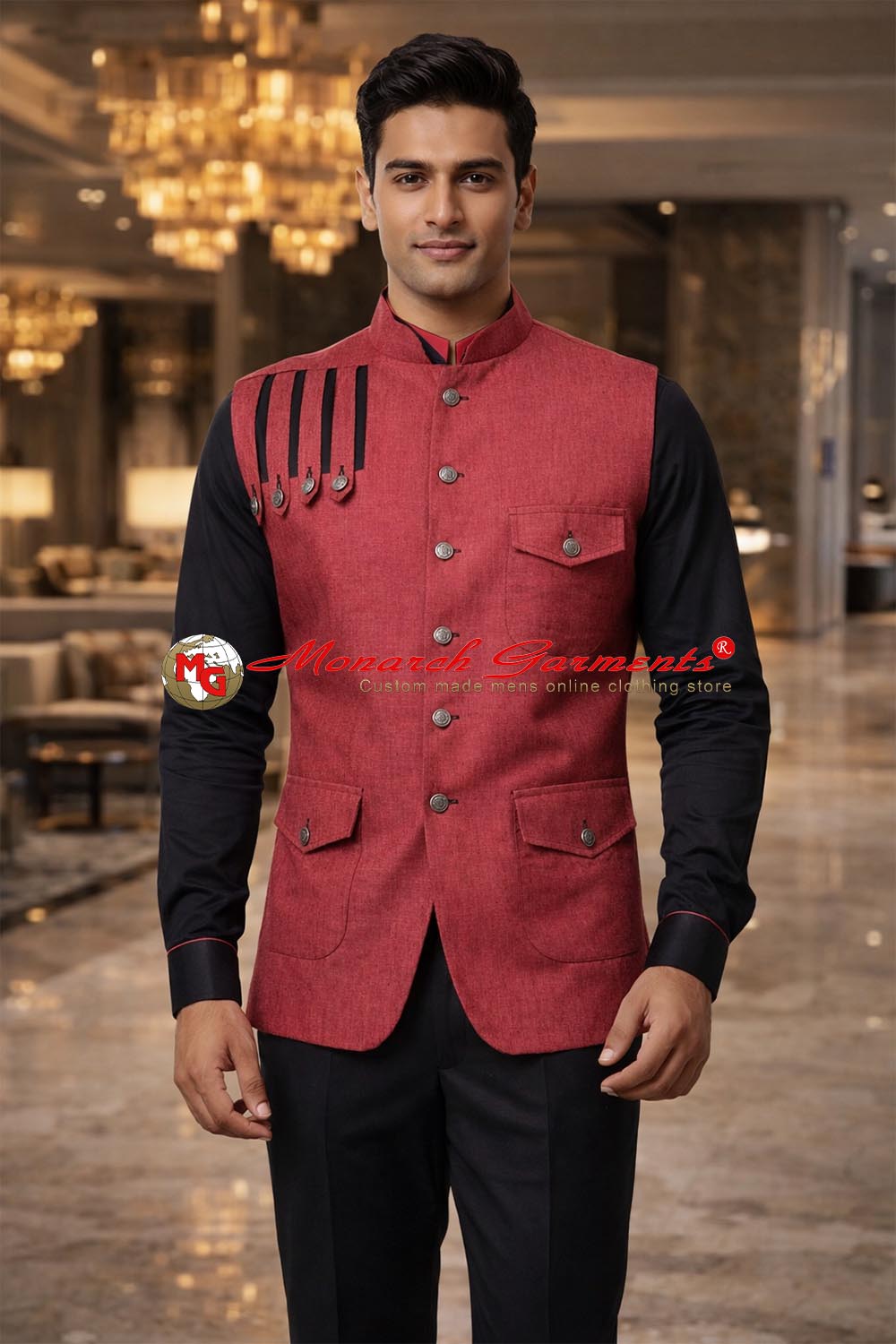 Indian red linen Nehru vest for men designer wedding wear India
