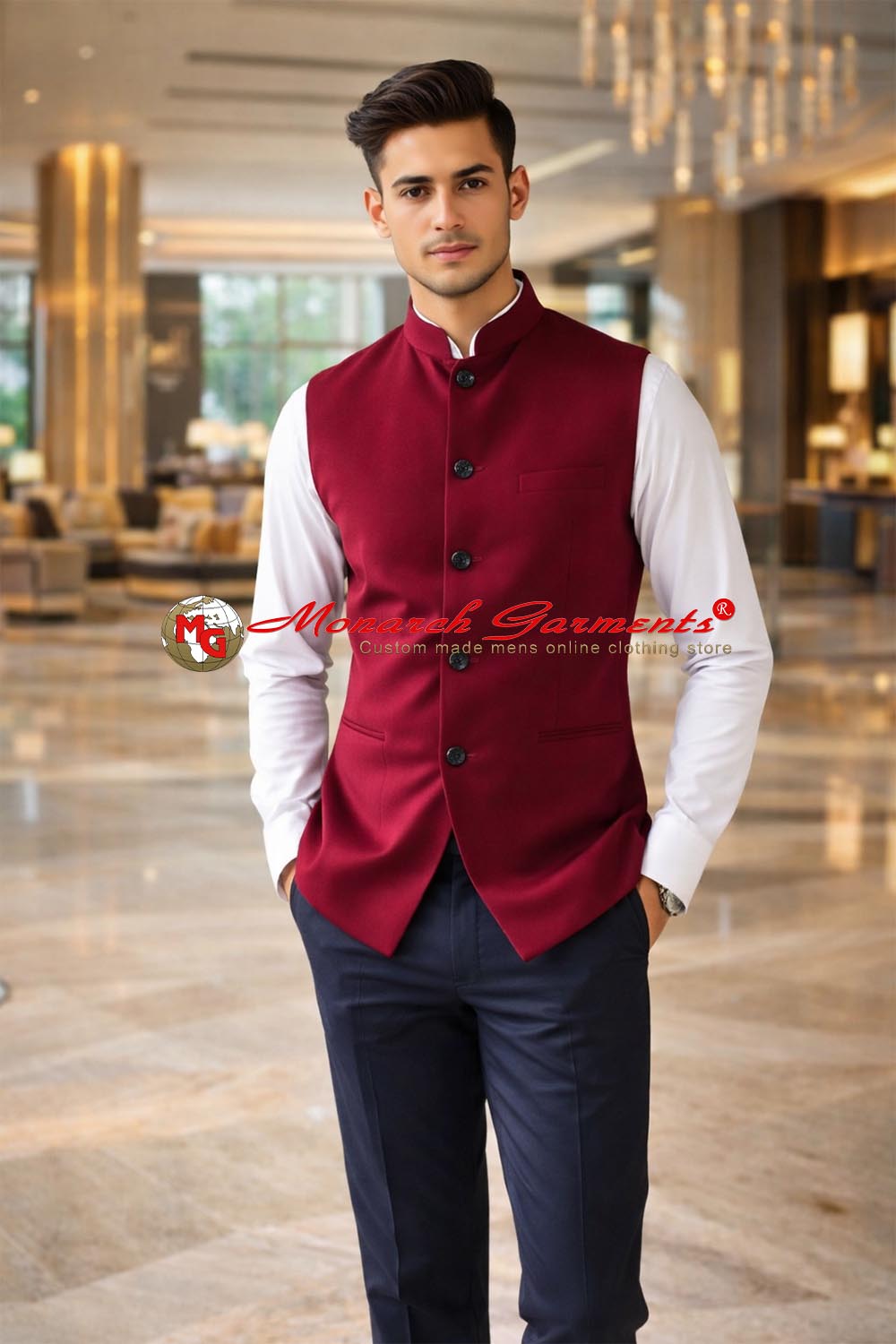 Indian red Nehru vest for men slim fit formal waistcoat for weddings and events