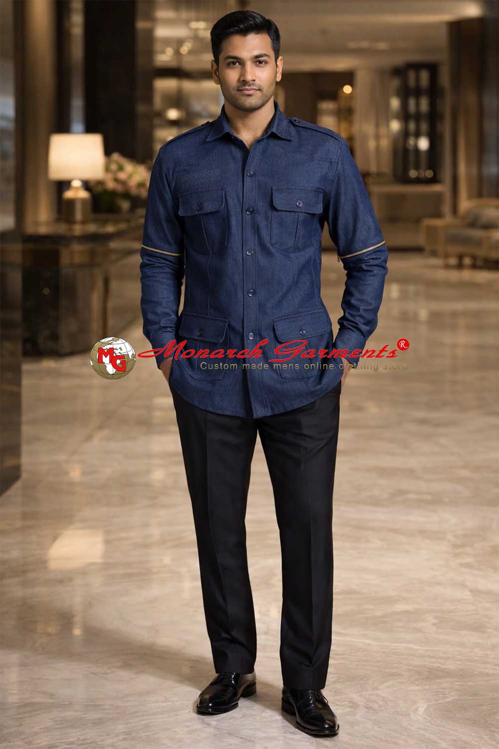 Indian male model wearing indigo denim safari shirt with four pockets by Monarch Garments in luxury hotel lobby photoshoot