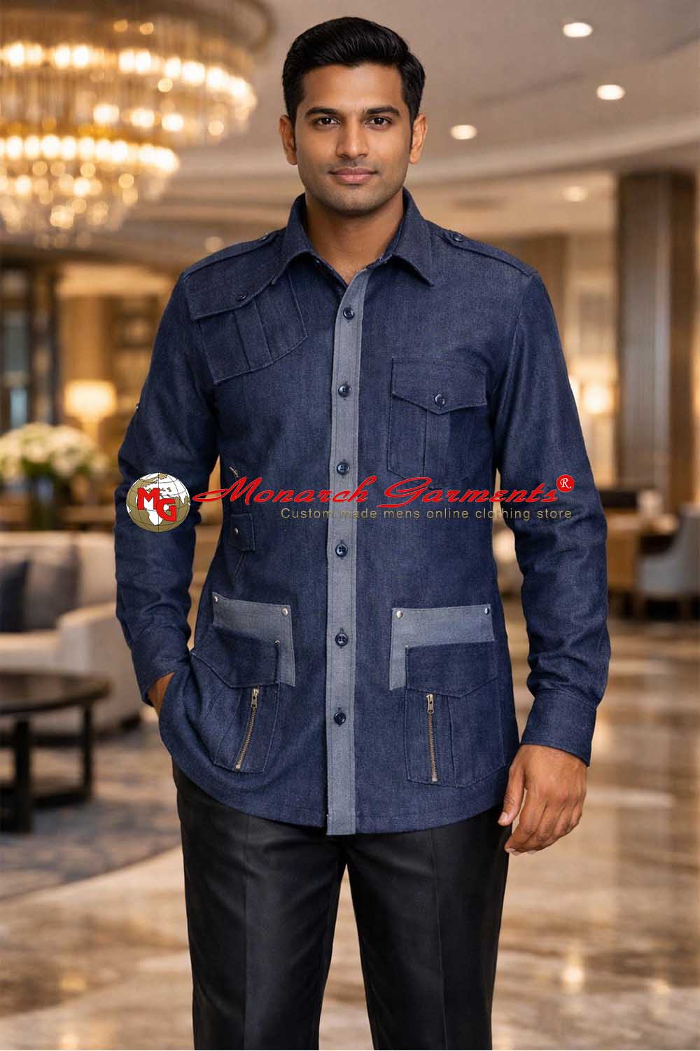 Indian male model wearing indigo denim safari shirt with utility pockets luxury menswear Monarch Garments India