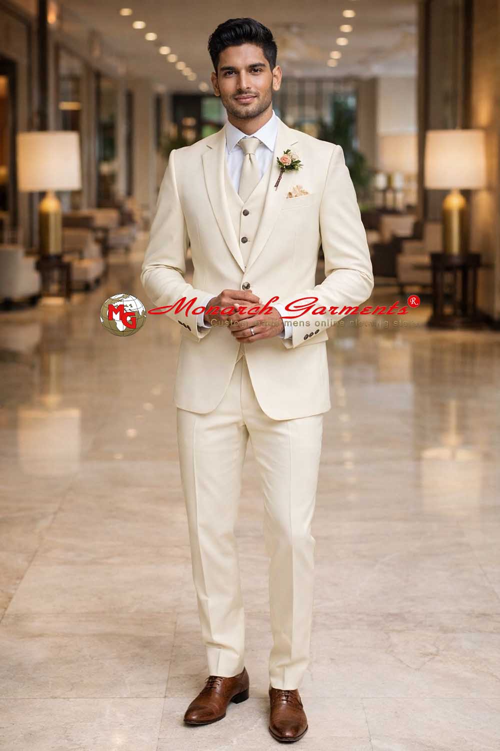 Ivory 3 piece suit for men slim fit wedding formal suit India