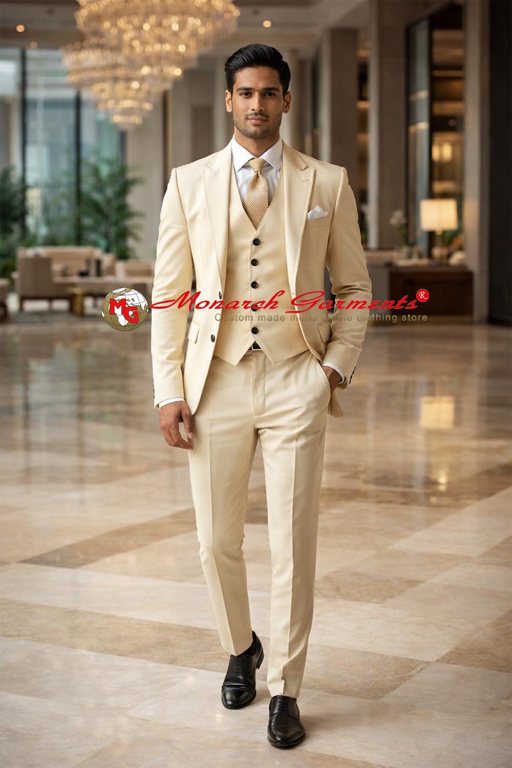 Ivory 3 piece suit for men slim fit with blazer vest and trousers for wedding and formal wear India