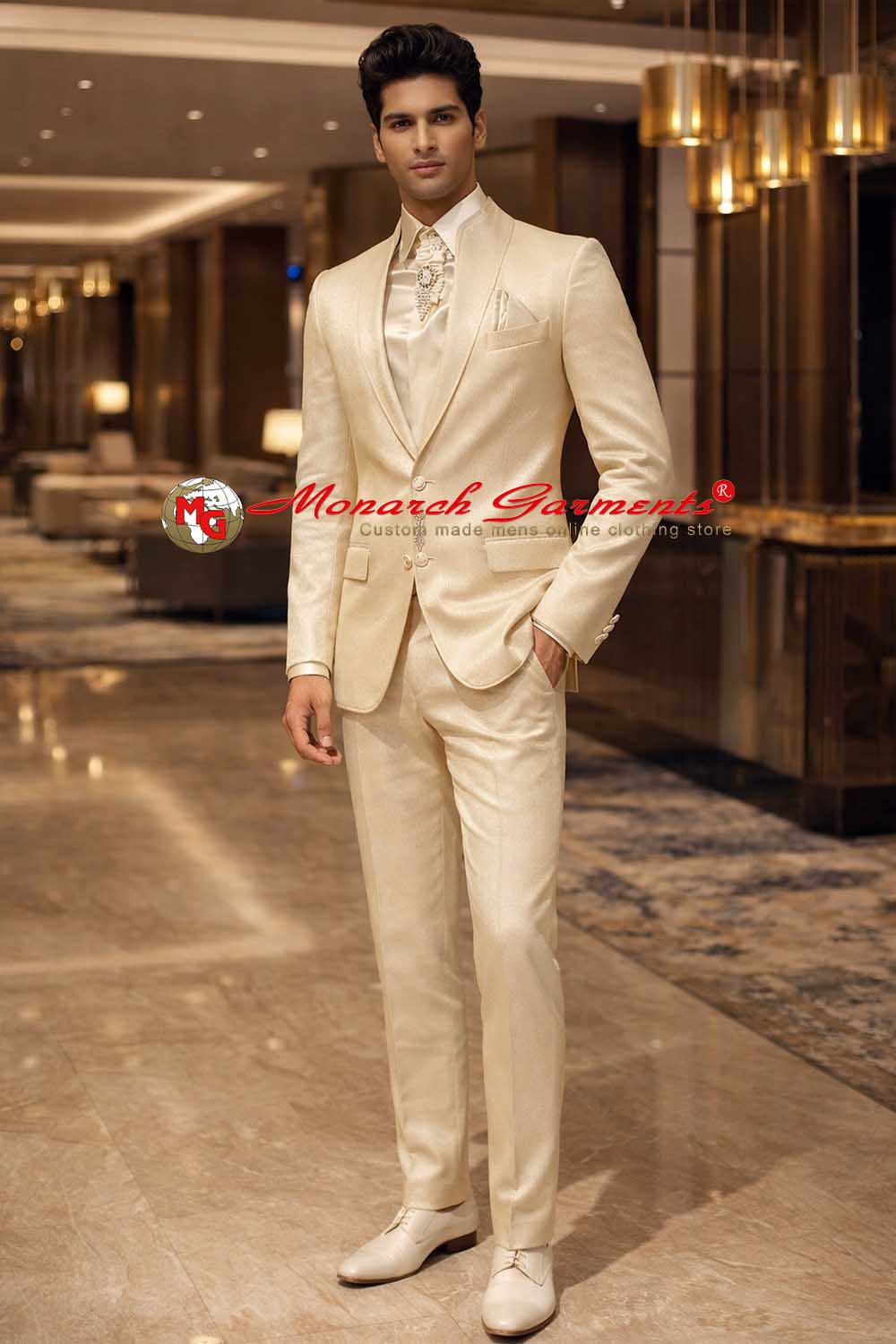 Ivory tuxedo suit for men slim fit wedding formal suit