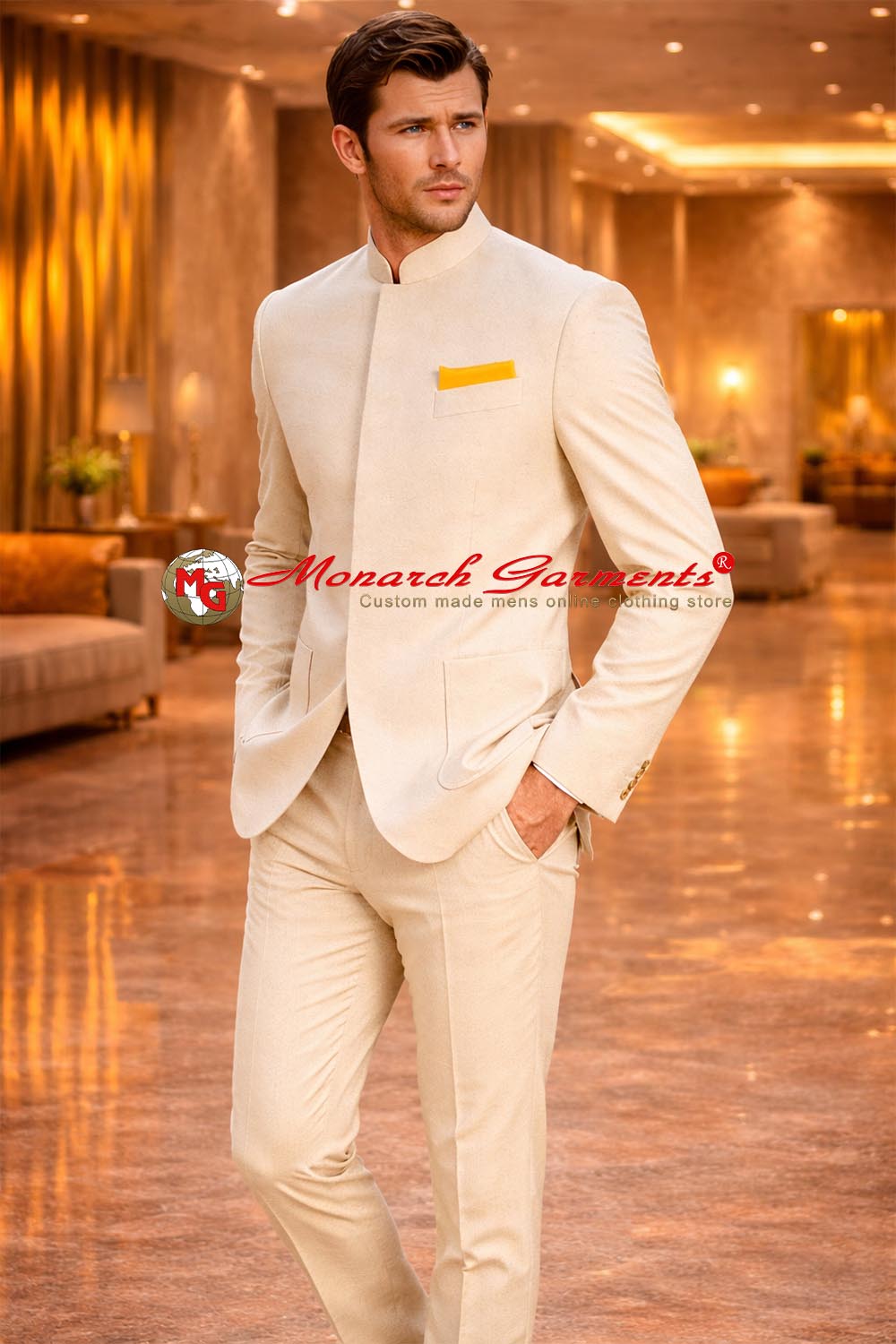 Men wearing ivory bandhgala jacket with yellow pocket square by Monarch Garments