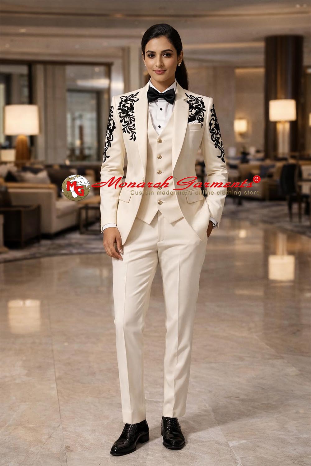 Ivory black embroidered 3 piece suit for women slim fit formal suit for wedding and luxury events in India