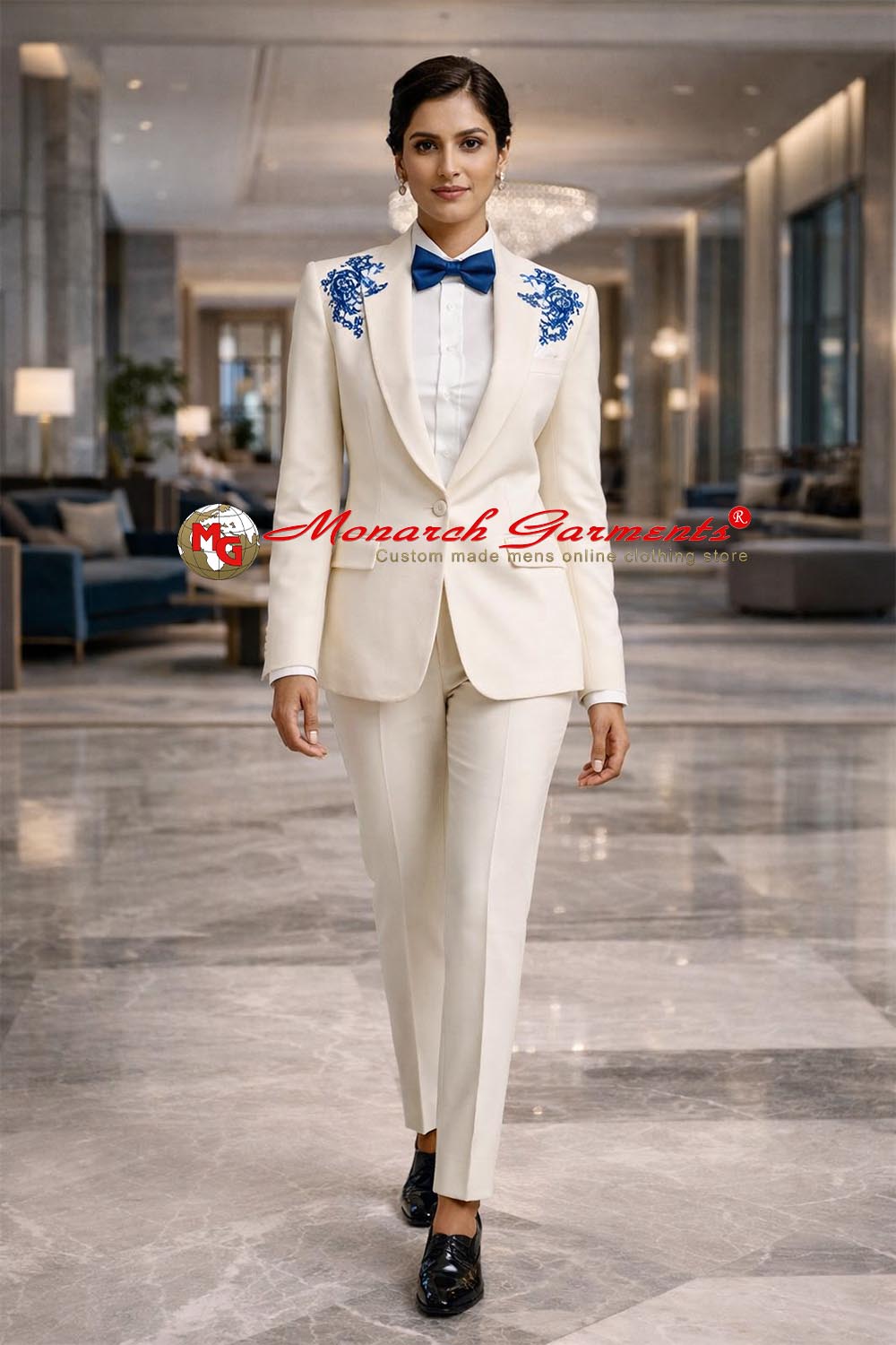 Ivory blue embroidered 2 piece suit for women slim fit designer formal outfit for wedding and luxury events