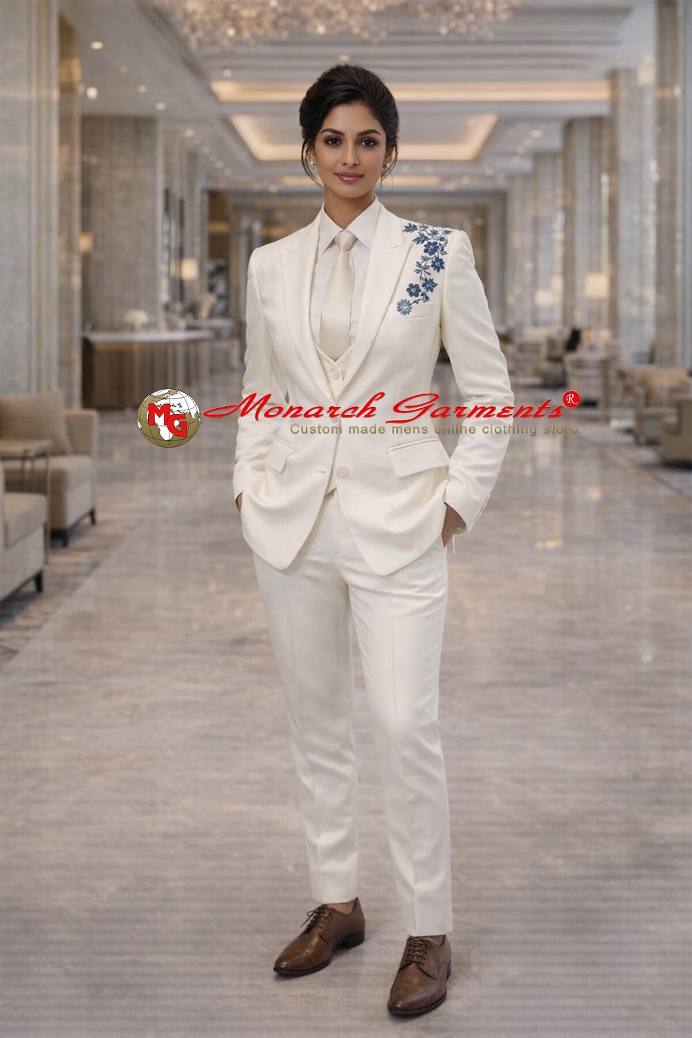 Ivory blue embroidered 3 piece suit for women slim fit formal suit for wedding and luxury events in India