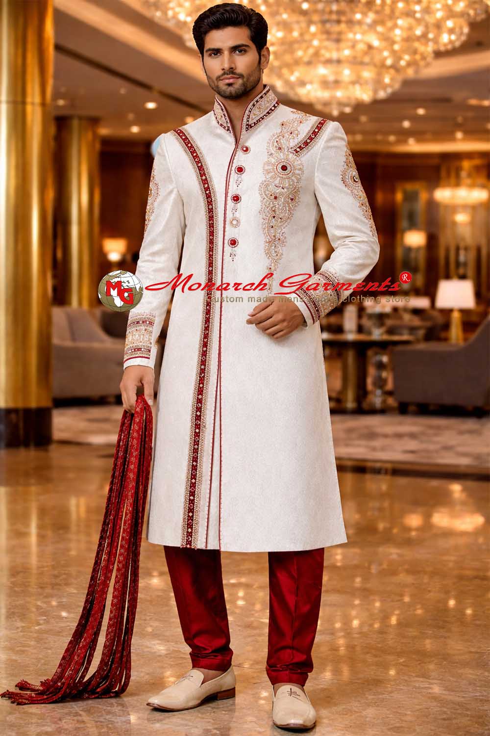 ivory brocade embroidered groom sherwani with maroon churidar indian wedding outfit monarch garments