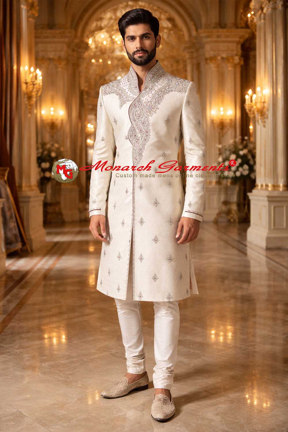 Ivory brocade embroidered sherwani for groom with churidar premium Indian wedding outfit